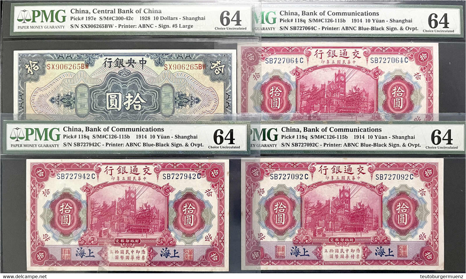 4 Scheine: 10 Dollar Shanghai 1928. 3 X 10 Yuan 1.10.1914 Alle Mit PMG-Grading 64 Choice Uncirculated. I- - China