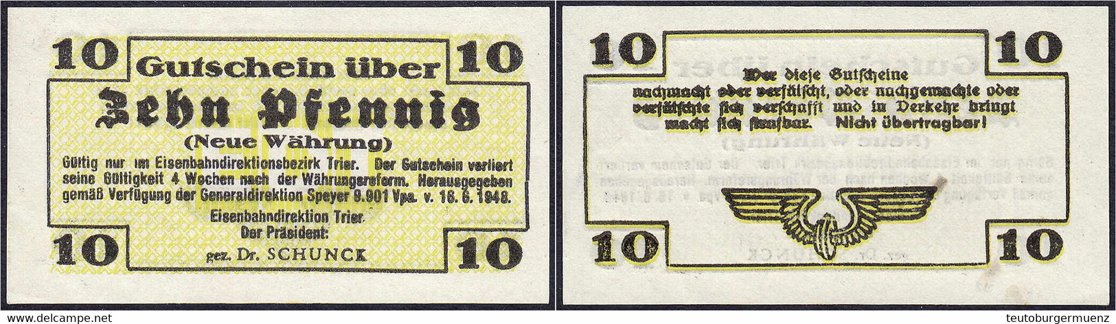 Eisenbahndirektion, 10 Pfg. (neue Währung) 16.6.1948. Ohne Wz. Und KN. I-, Von Größter Seltenheit - Zwischenscheine - Schatzanweisungen