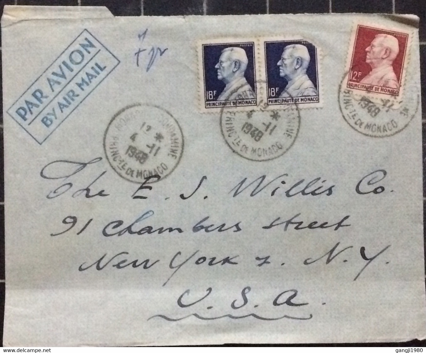 MONACO 1948, COVER USED TO USA,  PRINCE LOUIS,18F & 2F 3 STAMPS USED, MONACO-CONDAMINE CITY CANCEL - Brieven En Documenten