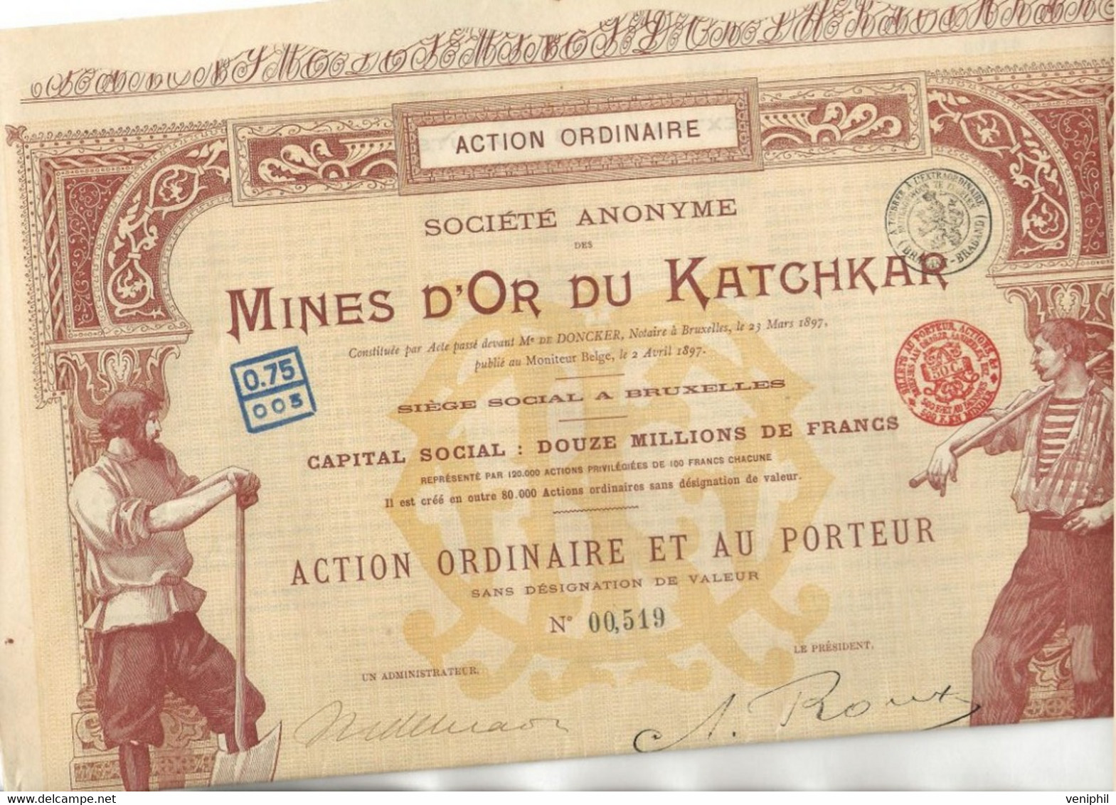 MINES D'OR DU KATCHKAR (ARMENIE RUSSIE ) TITRE DE CINQ ACTIONS ORDINAIRES -ANNEE 1897 - Mijnen