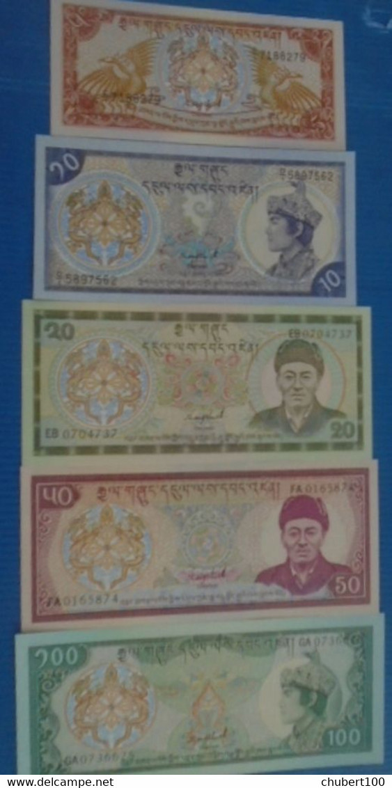 BHUTAN , P 14a 15a 16b 17b 18b , 1 - 100 Ngultrum , ND 1985/1992 , AU UNC, 5 Notes - Bhoutan