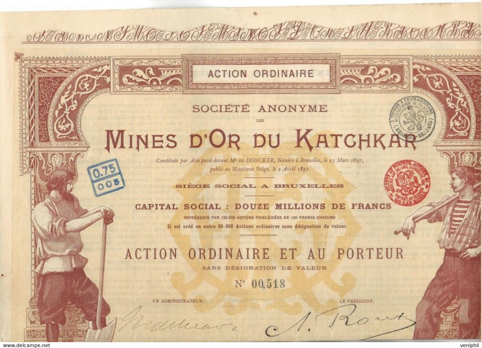 MINES D'OR DU KATCHKAR (ARMENIE RUSSIE ) TITRE DE CINQ ACTIONS ORDINAIRES -ANNEE 1897 - Miniere
