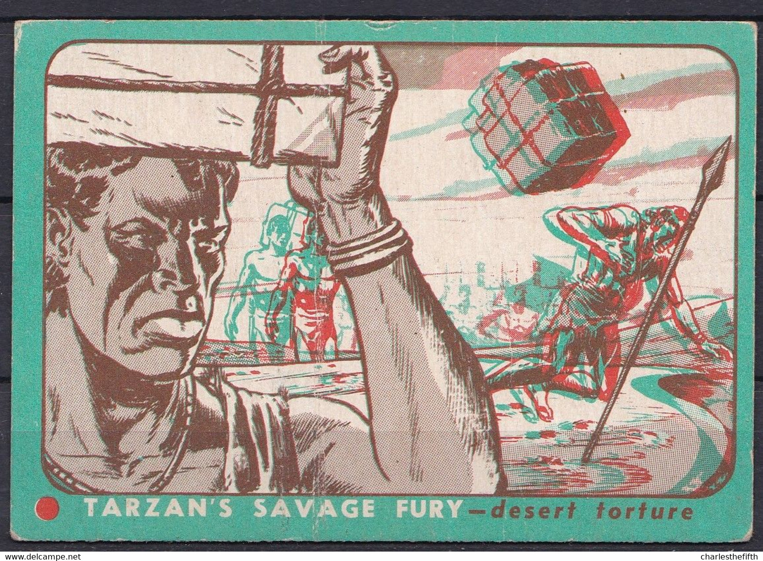 RARE !! 3D TRADING CARD - 1952 - TARZAN'S SAVAGE FURY  USA - RARES CARTES DE COLLECTION EN 3 D - SCENE 27 DESERT TORTURE - Autres & Non Classés