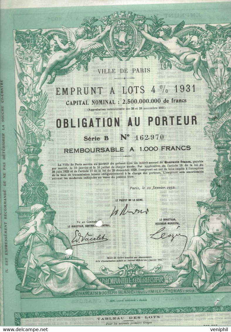 VILLE DE PARIS - EMPRUNT A LOT 4 %  1931 - OBLIGATION  REMBOURSABLE A  1000 FRS - ANNEE 1932 - Bank & Insurance