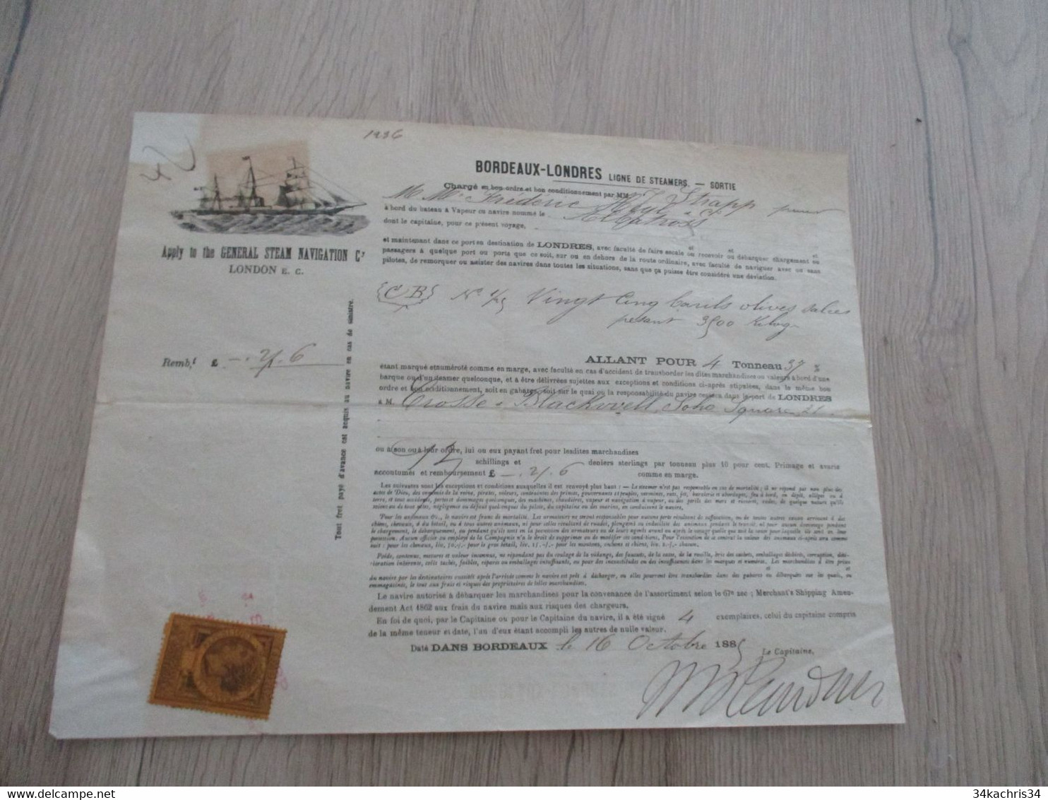 Connaissement Bordeaux Londres Heyl Strapp 1885 Olives - Verkehr & Transport