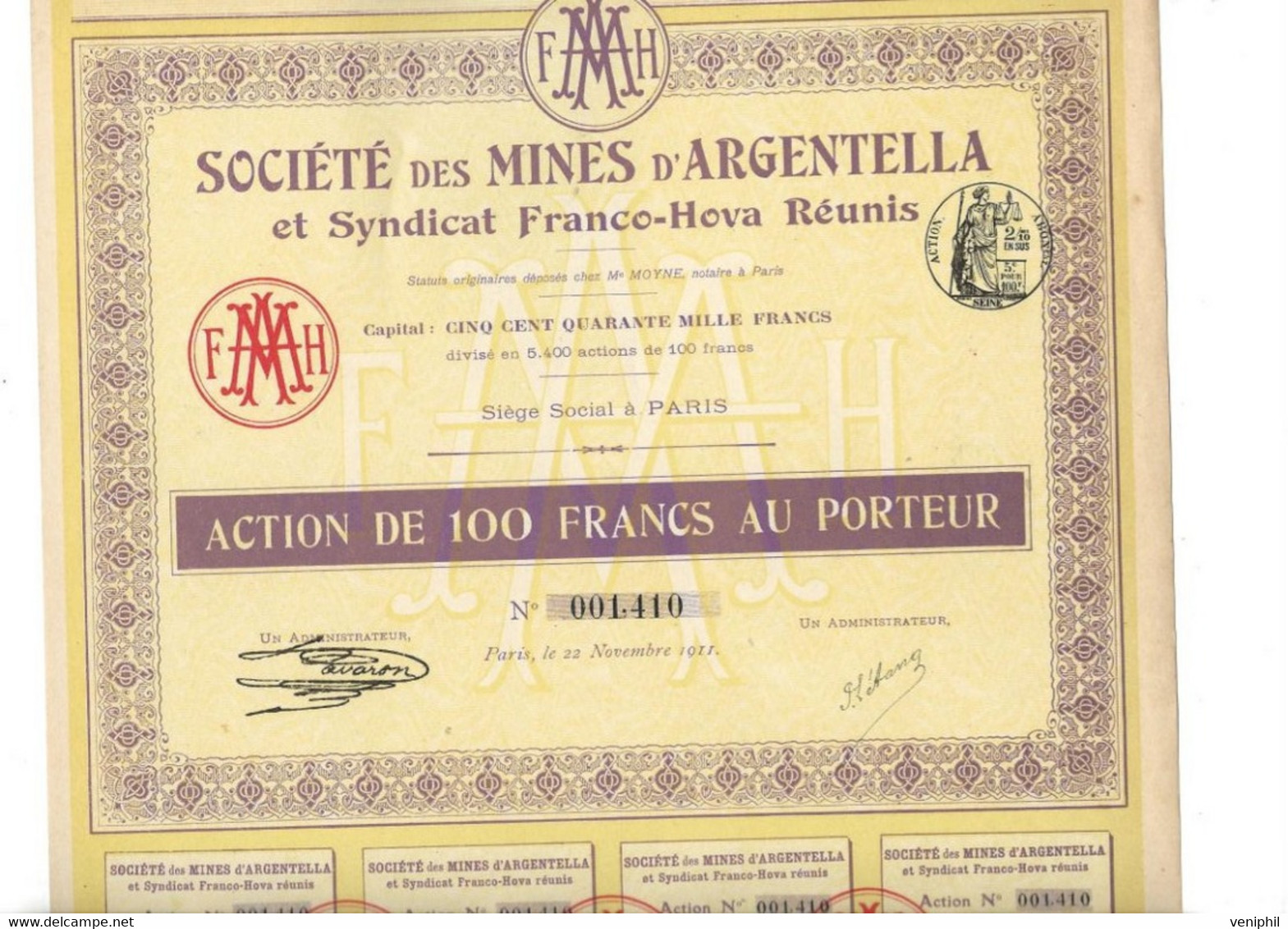 SOCIETE DES MINES D'ARGENTELLA  ET SYNDICAT FRANCO-HOVA - MINES DE PLOMB ARGENTIFERE -HAUTE - CORSE - 1911 - Mines