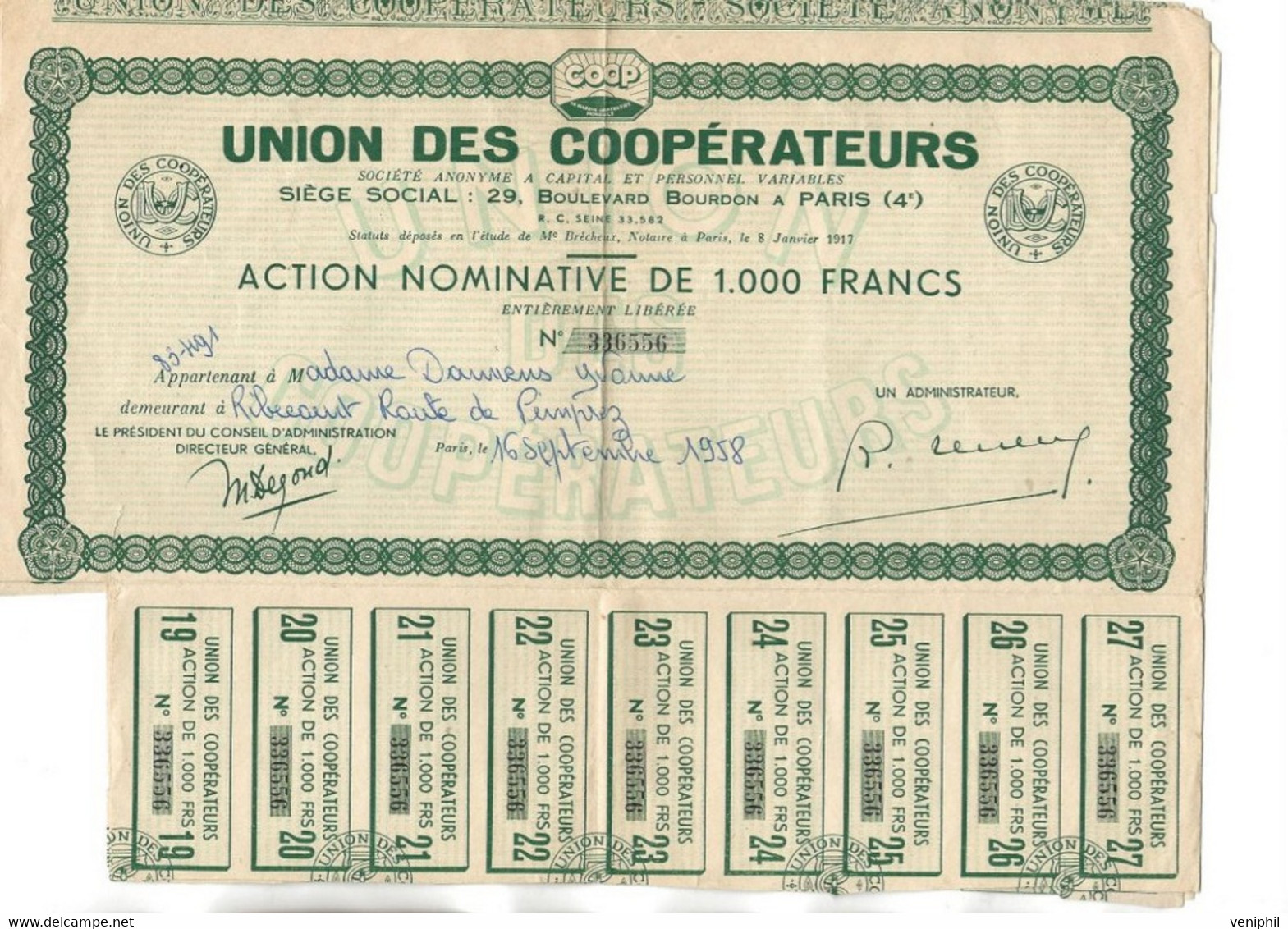 UNION  DES COOPERATEURS - LOT DE 4 ACTIONS DE 1000 FRS  - ANNEE 1958 - Autres & Non Classés