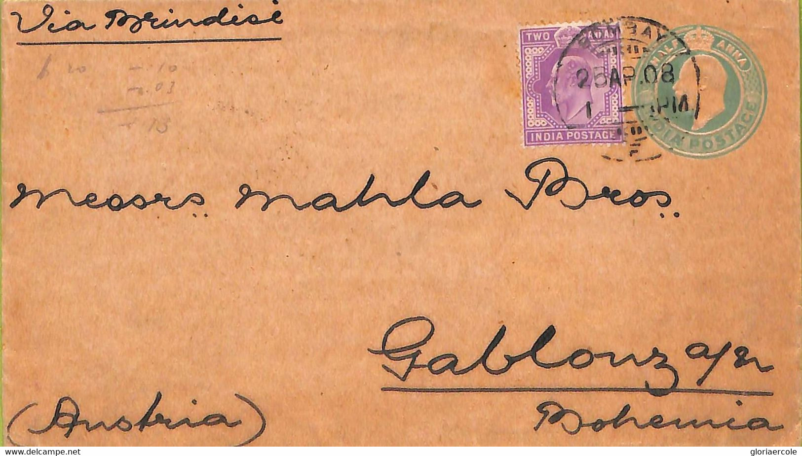 Ac6729 - INDIA - POSTAL HISTORY -  STATIONERY COVER To ITALY 1908 -  Nice! - Covers