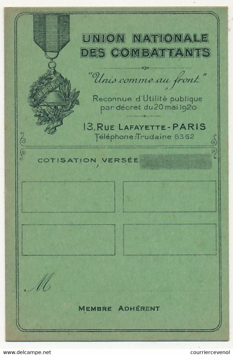 FRANCE - 2 Cartes De Membre / D'identité UNION NATIONALE DES COMBATTANTS - PARIS - Neuves - Documents Historiques