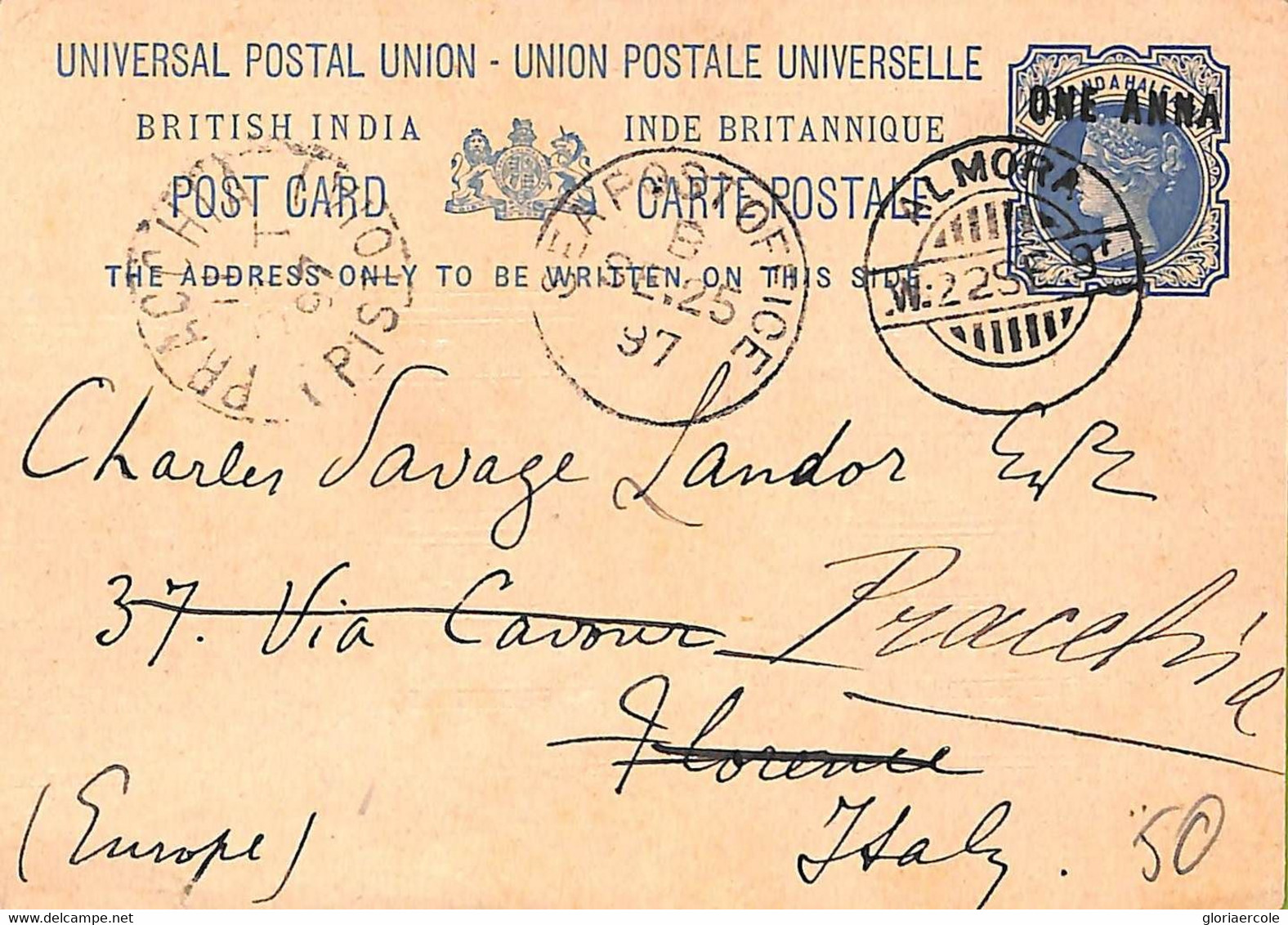 Ac6731 - INDIA - POSTAL HISTORY - STATIONERY CARD To ITALY 1897  Sea Mail ALMORA - Enveloppes