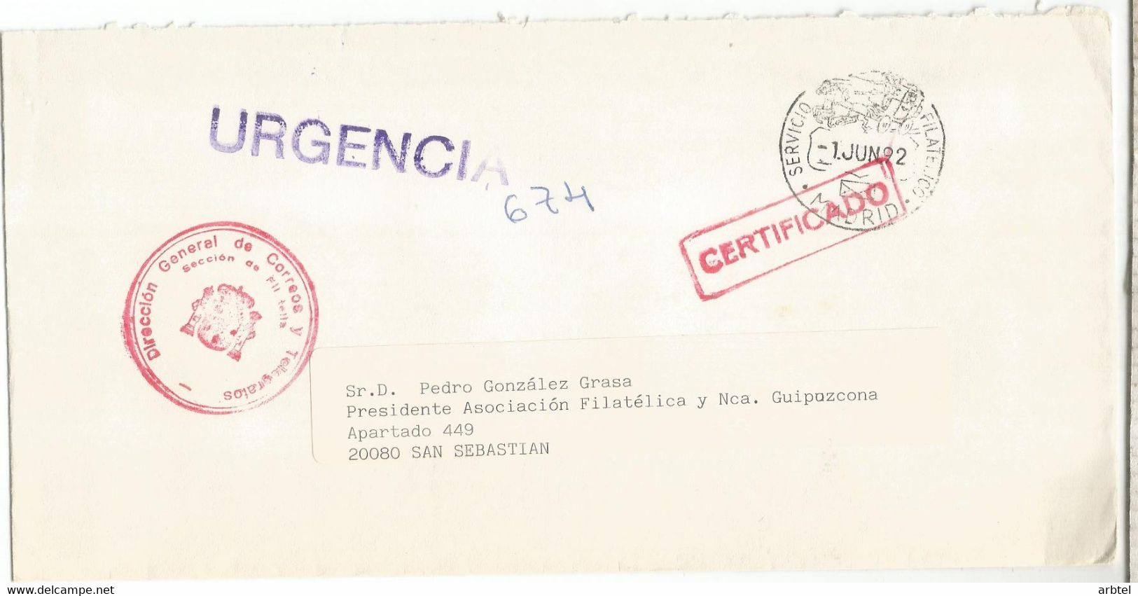 ESPAÑA CC FRANQUICIA POSTAL CERTIFICADO URGENTE SECCION DE FILATELIA - Franchise Postale