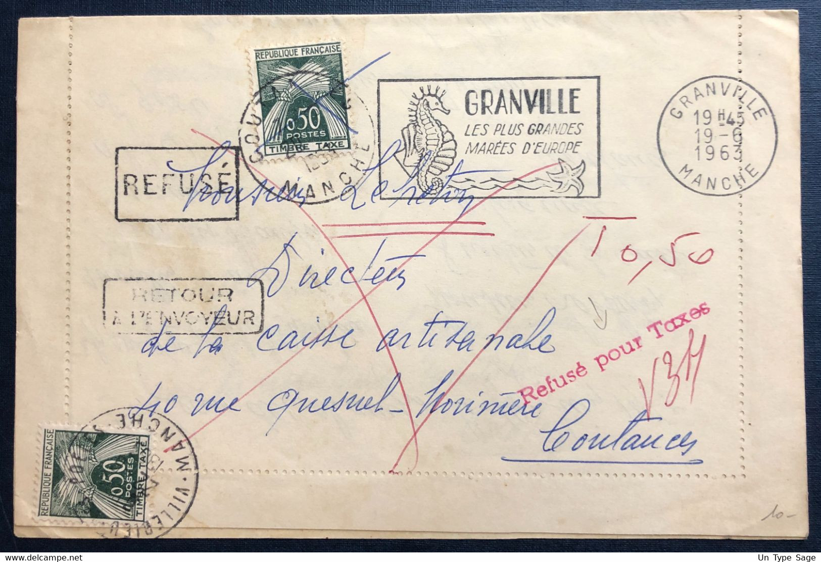 France Divers Taxe Sur Enveloppe OBL. Granville 19.6.1963 + Griffe Refusé Pour Taxes - (B1993) - 1859-1959 Brieven & Documenten