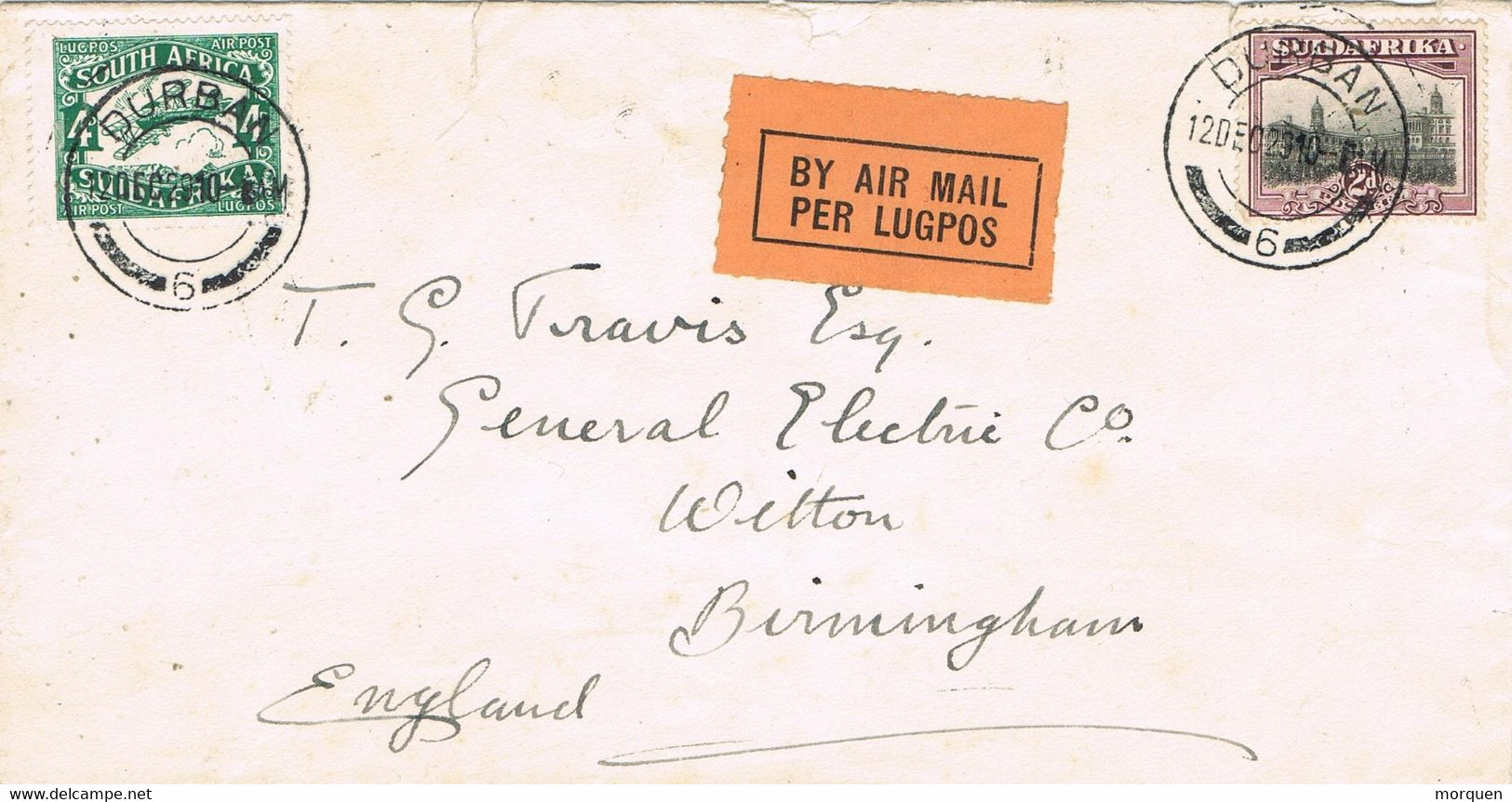 47602. Carta Aerea DURBAN (South Africa) 1923 To Wilton, England - Poste Aérienne