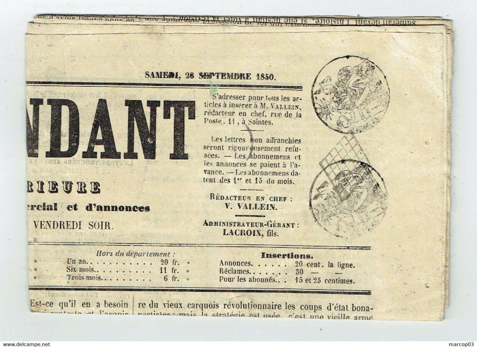 Journal L'Indépendant (complet) Du 28/09/1850 2 Timbres Humides 1 C Noir (fiscal + Postal ) Obl Grille Belle Pièce - Journaux