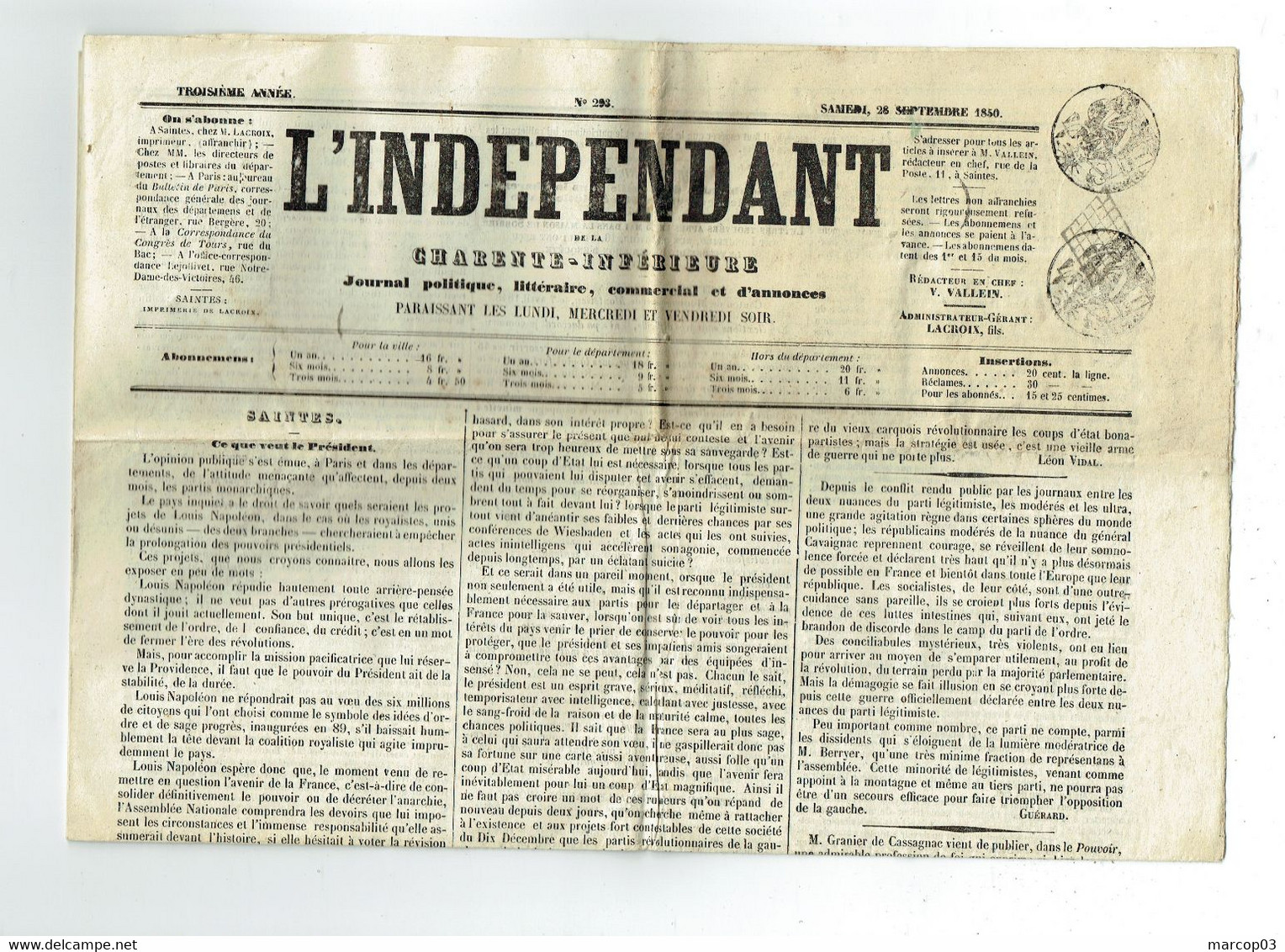 Journal L'Indépendant (complet) Du 28/09/1850 2 Timbres Humides 1 C Noir (fiscal + Postal ) Obl Grille Belle Pièce - Newspapers