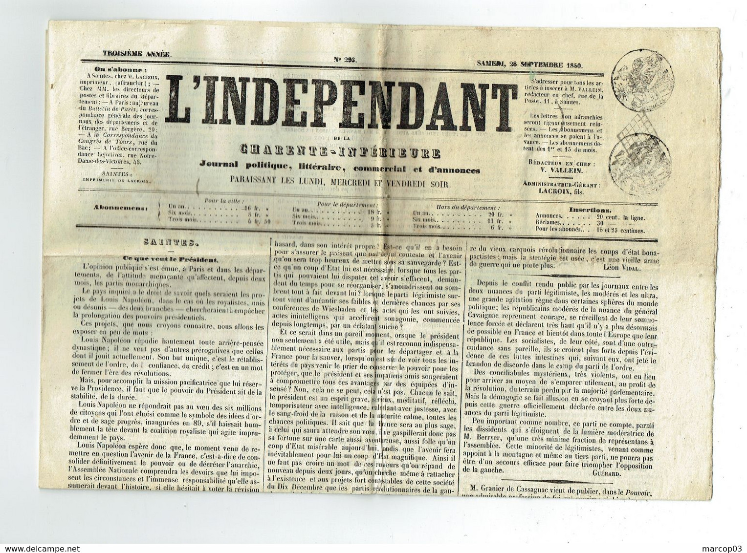 Journal L'Indépendant (complet) Du 28/09/1850 2 Timbres Humides 1 C Noir (fiscal + Postal ) Obl Grille Belle Pièce - Periódicos