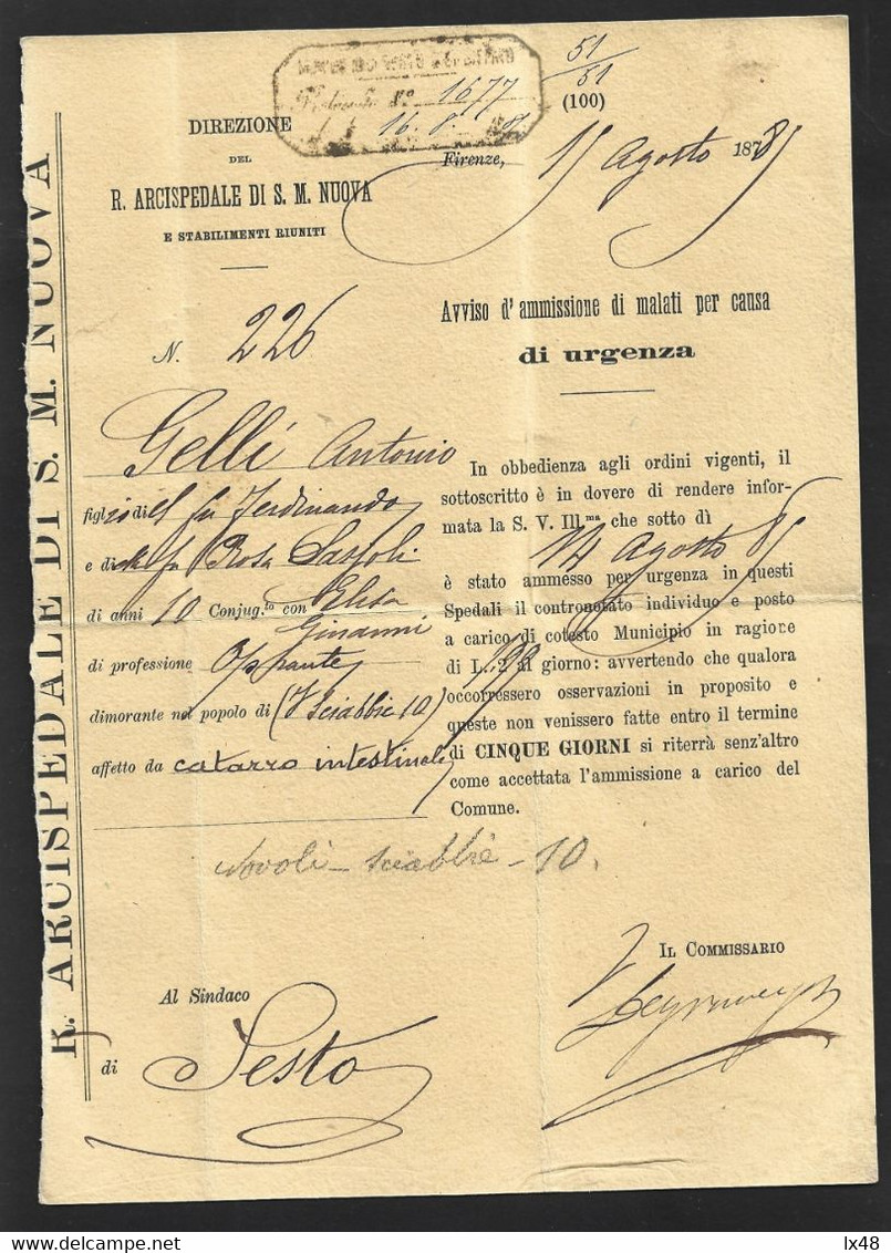 Lettera Da Firenze Di R. Arcispedale Di S. M. Nuova, 1881. Avviso Di Ricovero D'urgenza Per Catarro Intestinale. Letter - Altri & Non Classificati