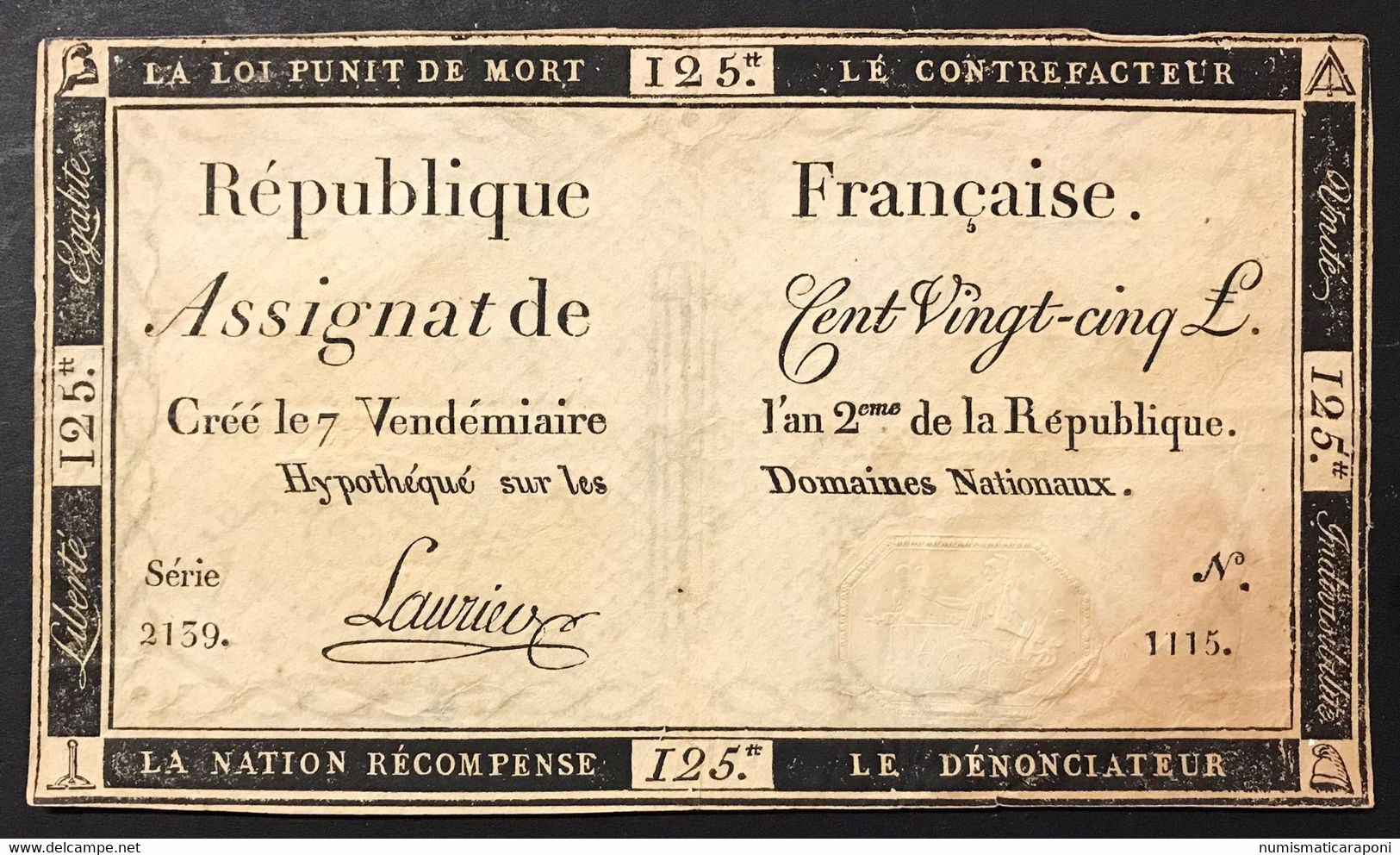 Francia France  Assignat De 125 Livres 7 Vendémiaire L'An 2 De La République Lotto.4335 - ...-1889 Francs Im 19. Jh.