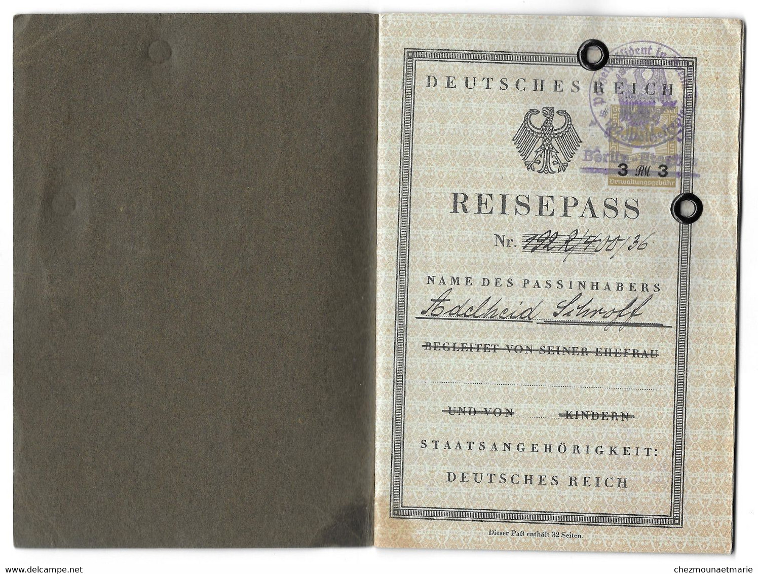 1936 PASSEPORT ALLEMAND REISEPASS ADELHEID SCHROFF NEE 1900 A SCHWARZENDORF - Historical Documents