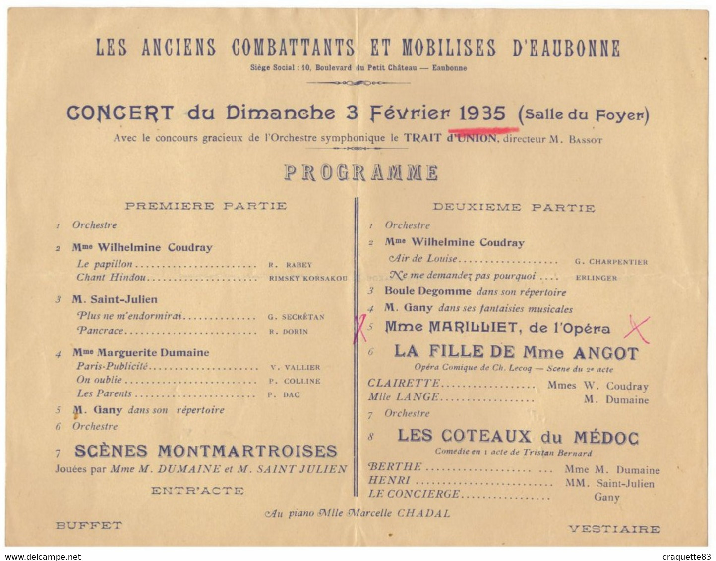 CONCERT DU DIMANCHE 3 FEVRIER 1935-LES ANCIENS COMBATTANTS ET MOBILISES D'EAUBONNE -Orchestre Symphonique "TRAIT D'UNION - Programme