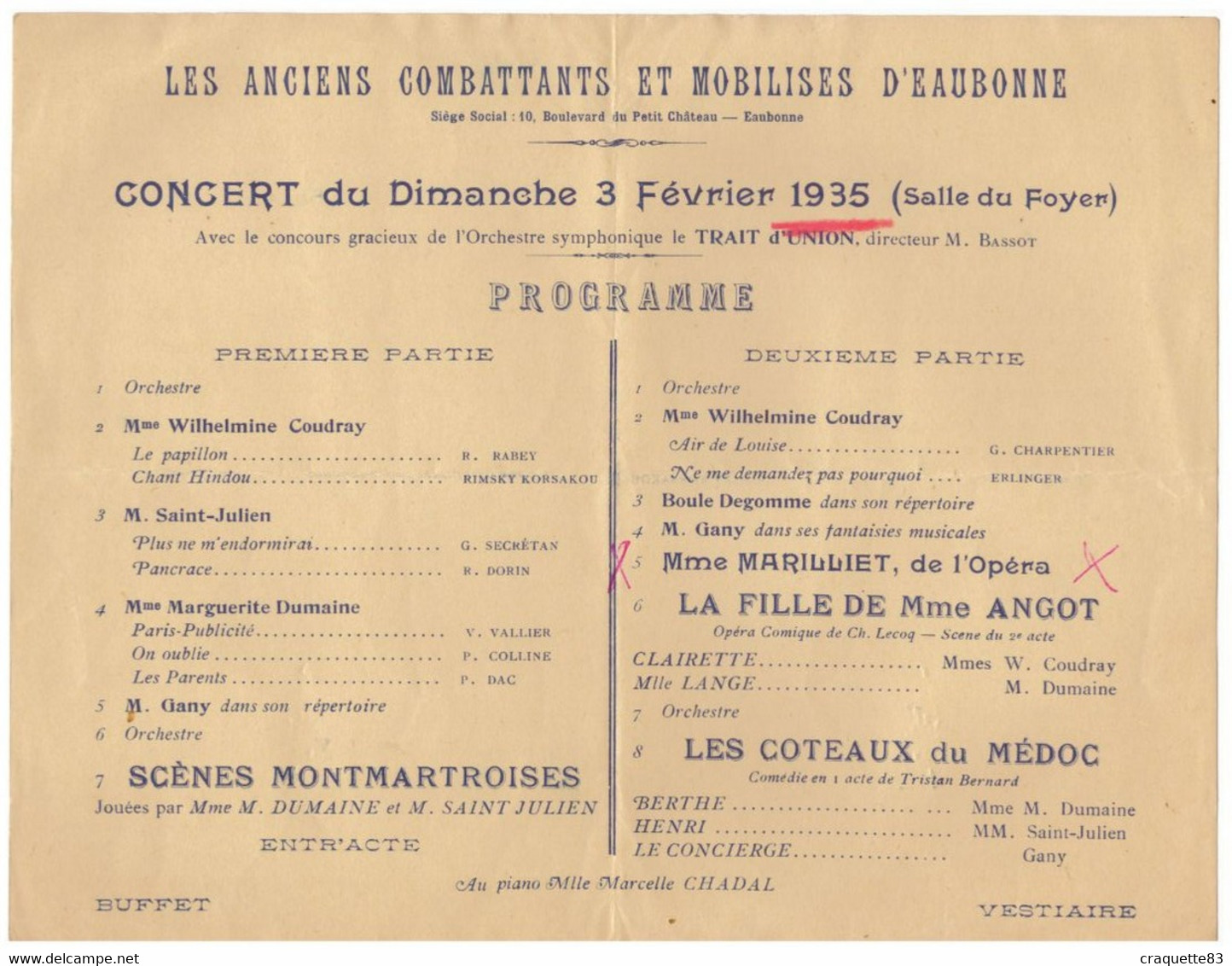 CONCERT DU DIMANCHE 3 FEVRIER 1935-LES ANCIENS COMBATTANTS ET MOBILISES D'EAUBONNE -Orchestre Symphonique "TRAIT D'UNION - Programmes