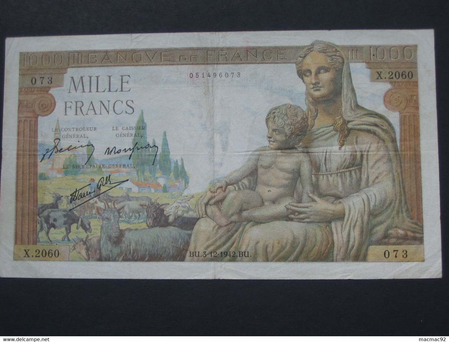 1000 Francs - Mille  Francs Déesse Déméter - Type 1942  3-12-1942   **** EN ACHAT IMMEDIAT **** - 1 000 F 1942-1943 ''Déesse Déméter''