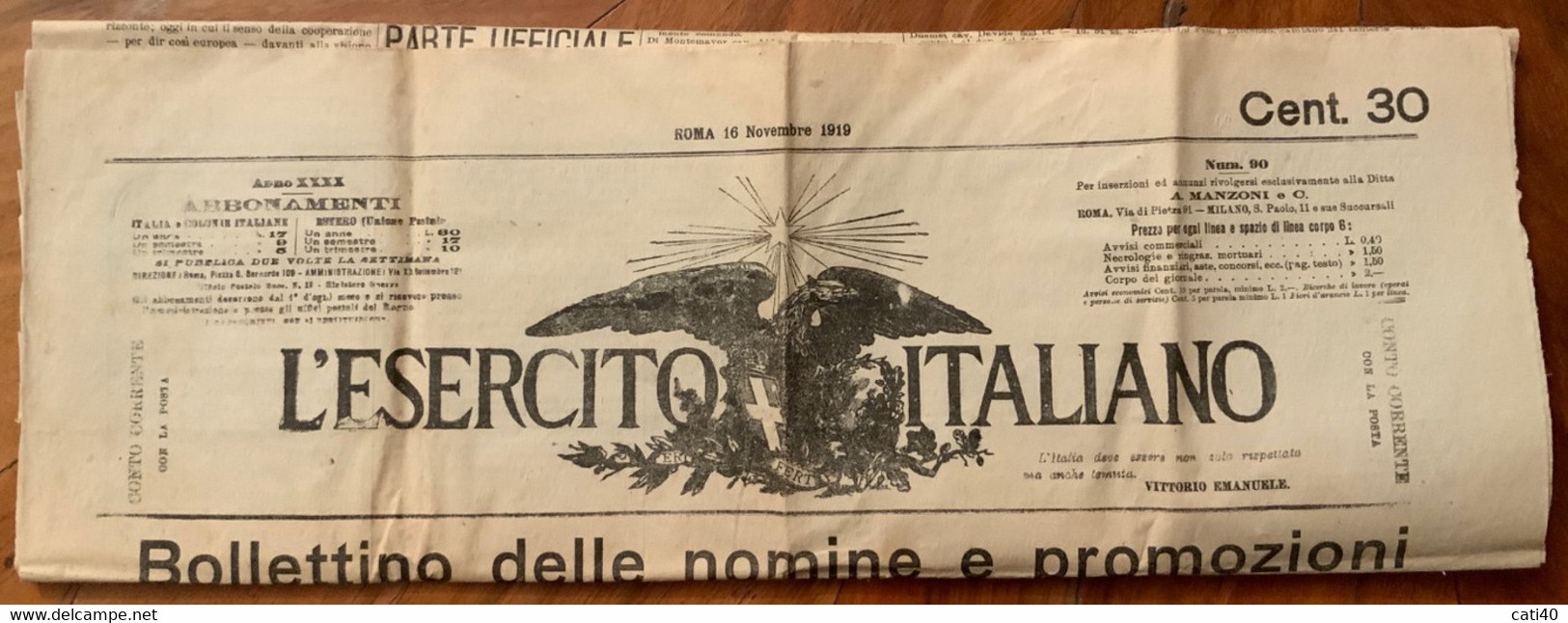 L’ESERCITO ITALIANO - GIORNALE COMPLETO DEL 16 NOVEMBRE 1919 - RARO E BEN CONSERVATO - First Editions