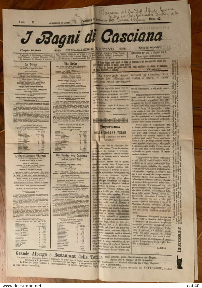 I BAGNI DI CASCIANA - GIORNALE DELLE LOCALI TERME E CRONACHE CITTADINE - 8/9/1903 - COMPLETO - Primeras Ediciones