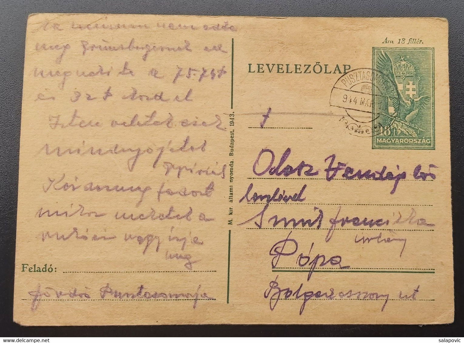 Hungary  -1944 Pusztasomoru ? Levelezolap Stationery 4/45 - Briefe U. Dokumente