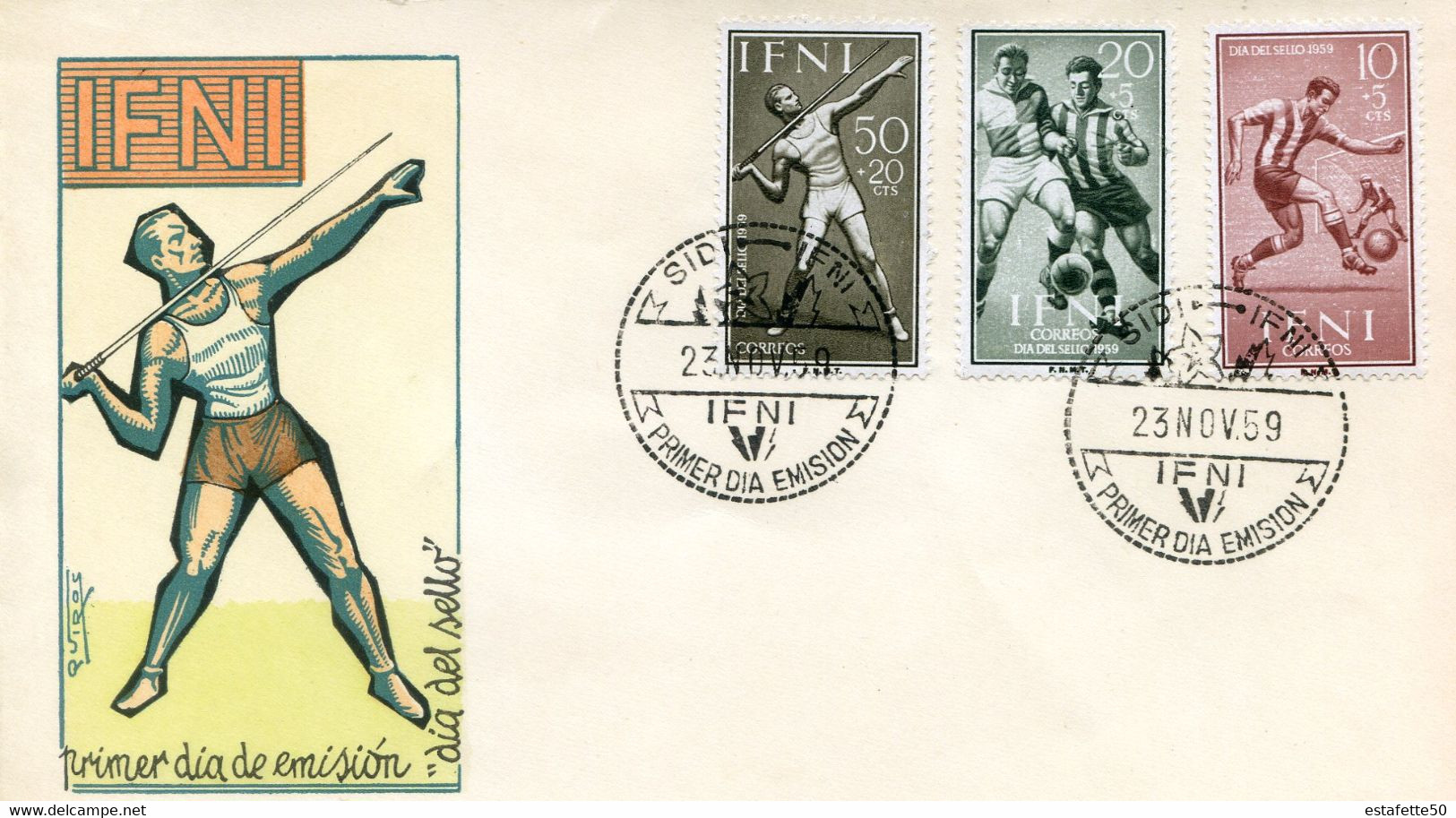 Maroc;Ifni ; FDC 1959 " Dia Del Sello " Colorisée; Morocco,Marruecos - Ifni