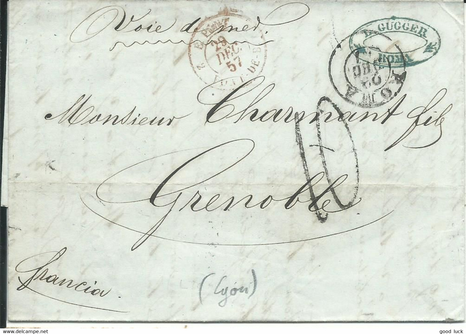 ITALIE DE ROME POUR GRENOBLE TAXE "10" PAR VOIE DE MER POUR GRENOBLE DE 1857 LETTRE COVER - Zonder Classificatie