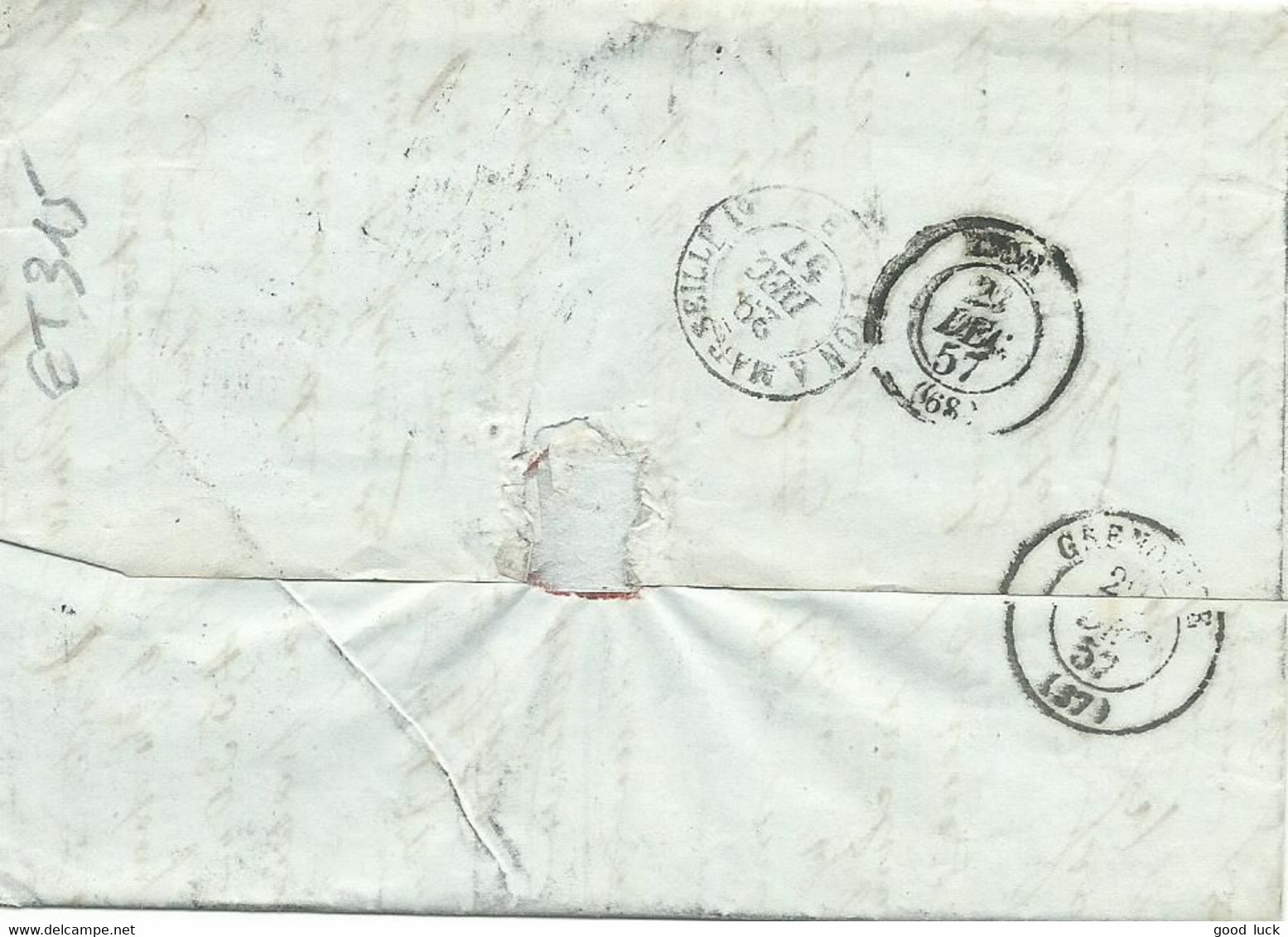 ITALIE DE ROME POUR GRENOBLE TAXE "10" PAR VOIE DE MER POUR GRENOBLE DE 1857 LETTRE COVER - Sin Clasificación