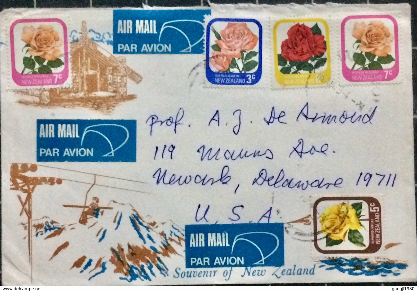 NEW ZEALAND 1976, ILLUSTRATE SOUVENIR, COVER USED TO USA, CHAIR CABLE, BUILDING, ROSE FLOWER  5 STAMP - Lettres & Documents