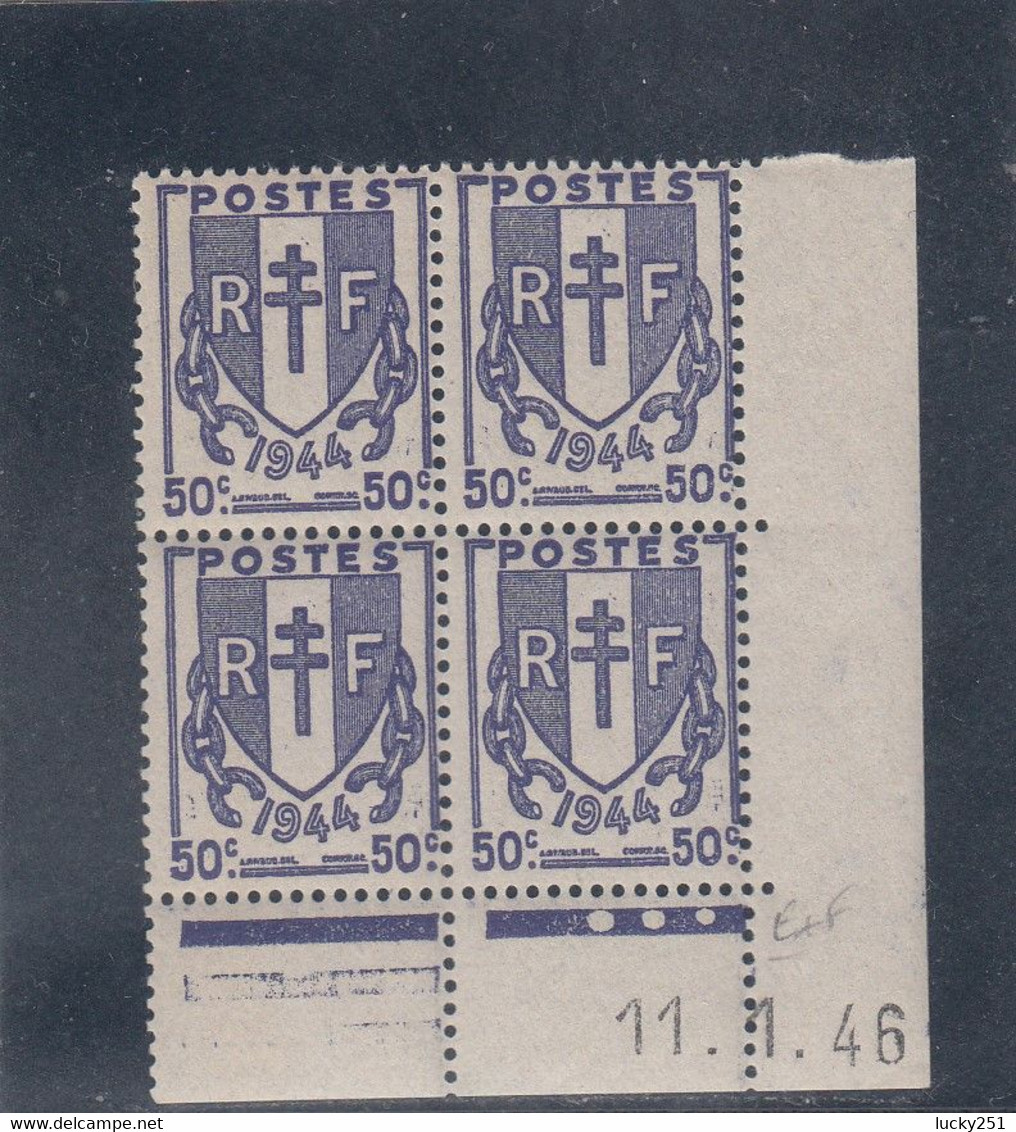 France - 11/01/1946 - Neuf** - N°YT673** - Coin Daté - Type Chaines Brisées - 50c Violet Foncé - 1940-1949