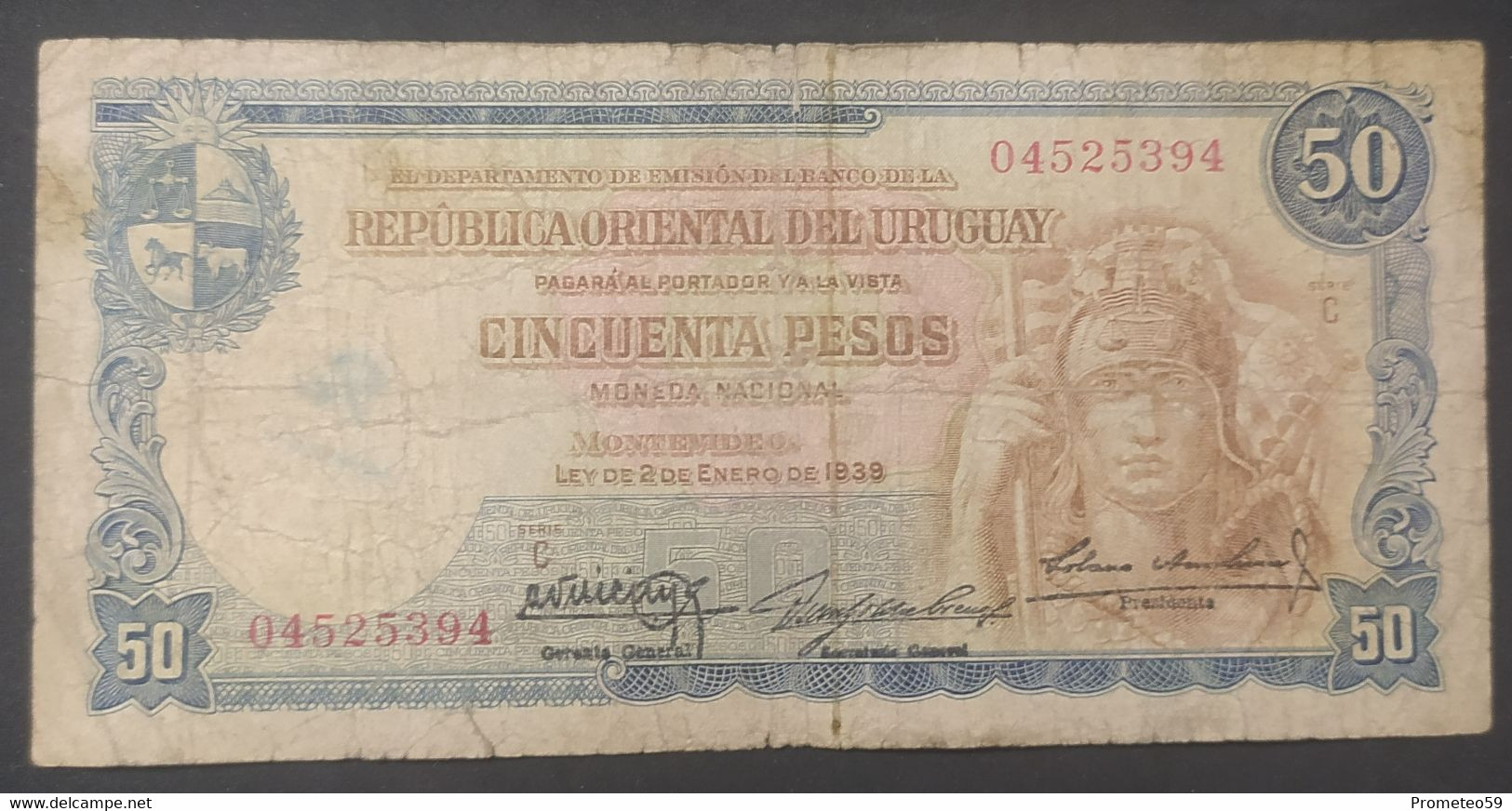 Uruguay – Billete Banknote De 50 Pesos Moneda Nacional – Ley De 1939 – Serie C - Uruguay