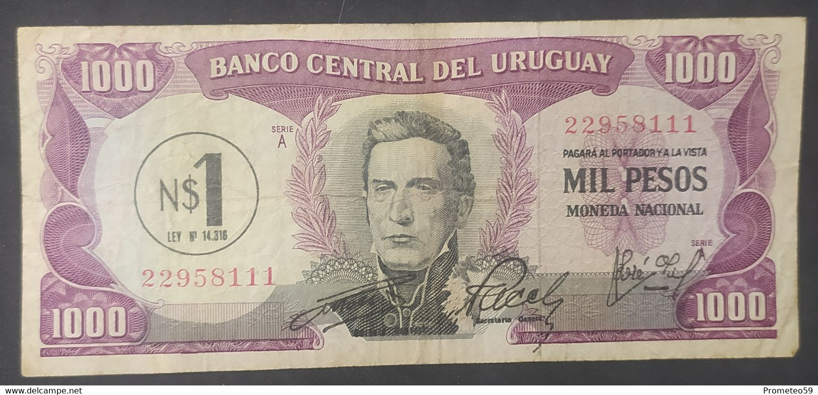 Uruguay – Billete Banknote 10.000 Pesos Mon. Nac. Resellado N$1 – Ley 14.316 – Serie A - Uruguay