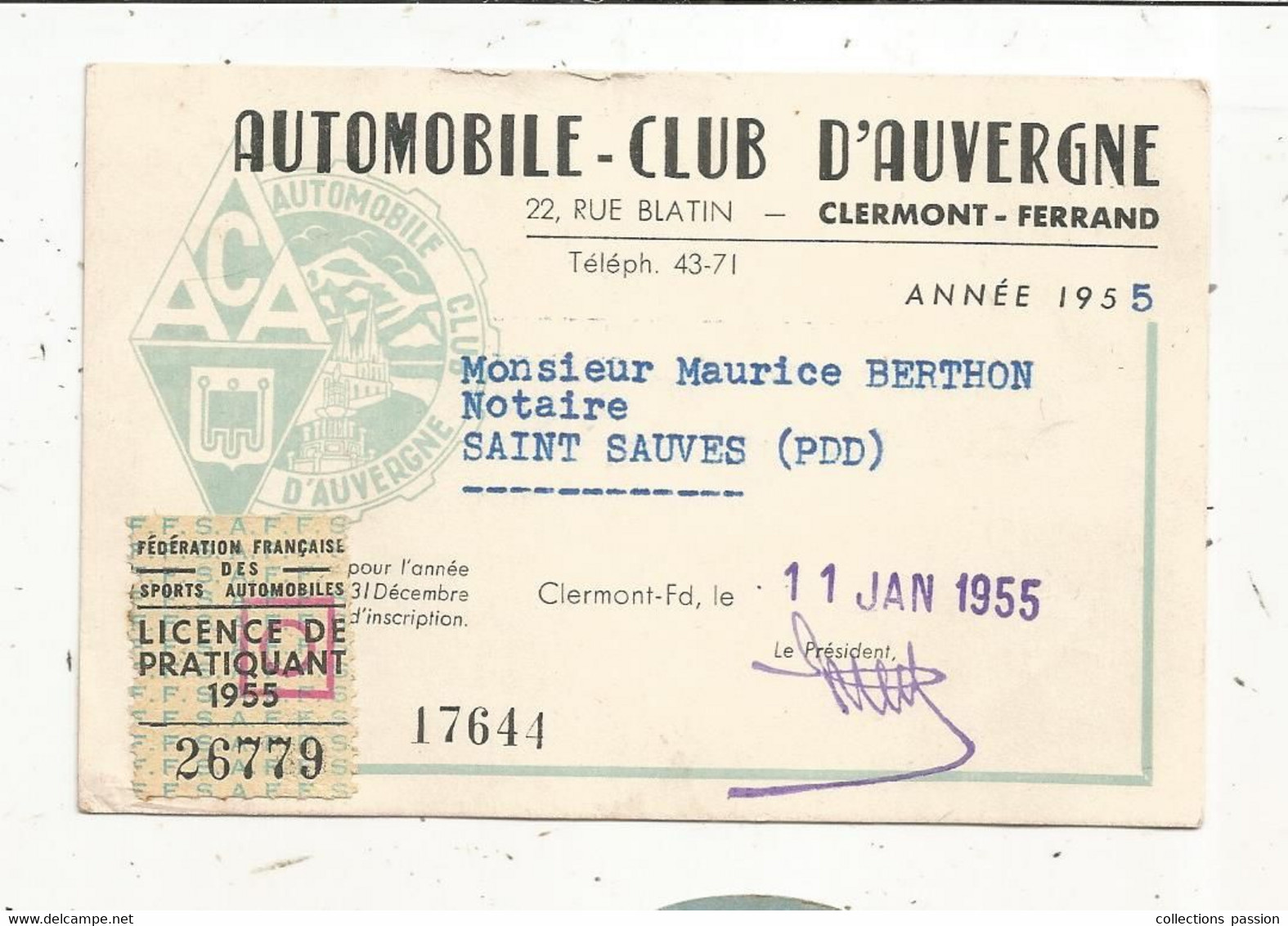 Carte De Membre ,AUTOMOBILE CLUB D'AUVERGNE, Clermont Ferrand, 1955, Timbrée - Membership Cards