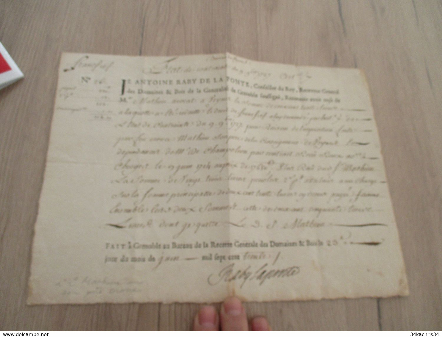Pièce Signée ANTOINE RABY DE LA  PONTE 23/06/1731 Franc Fief L.Mathieu/Champoléon  Reçu Veynes Hautes Alpes - Otros & Sin Clasificación