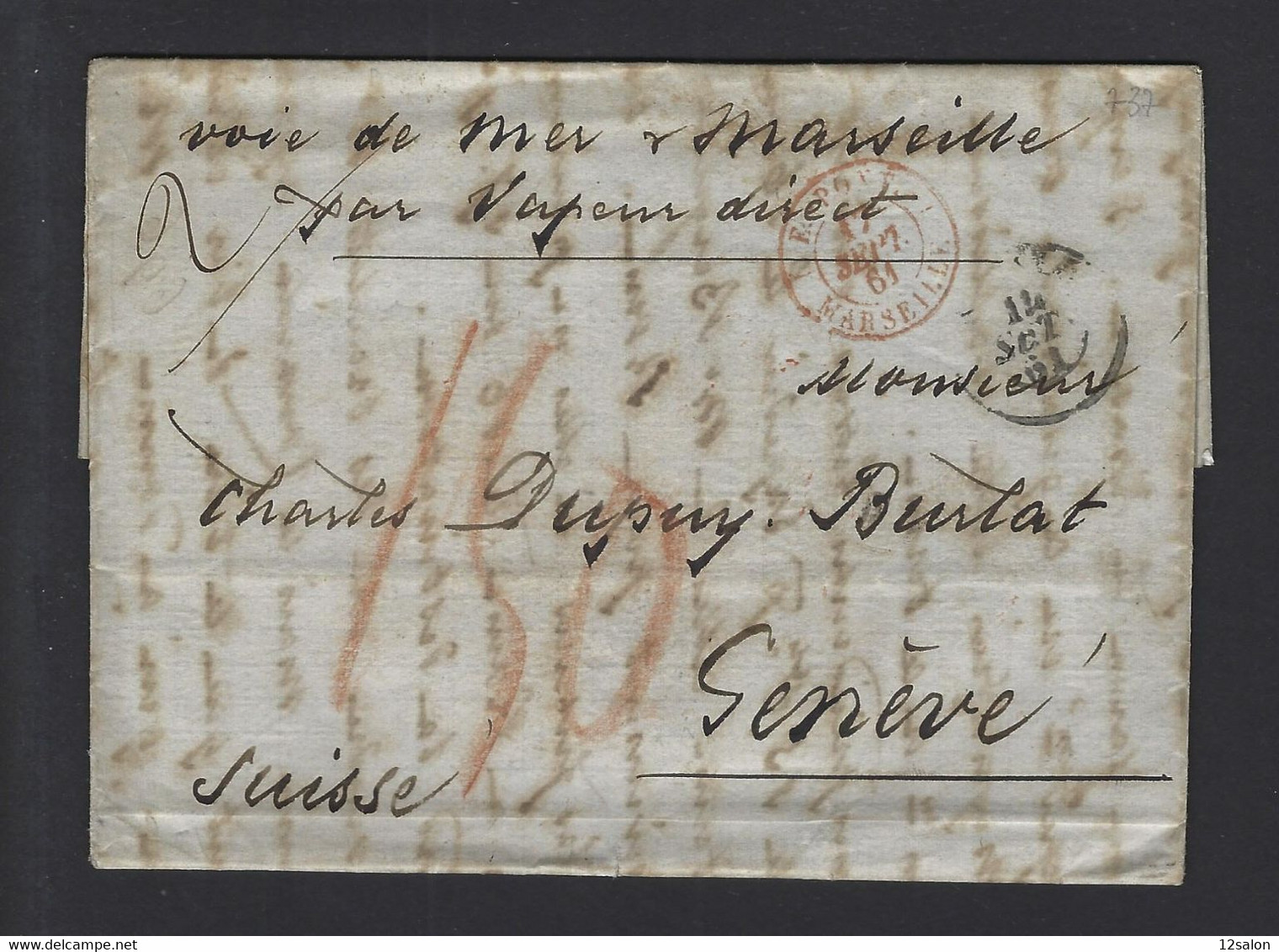 Lettre Entrée Maritime E PONT Marseille 1861 Pour La Suisse - Posta Marittima