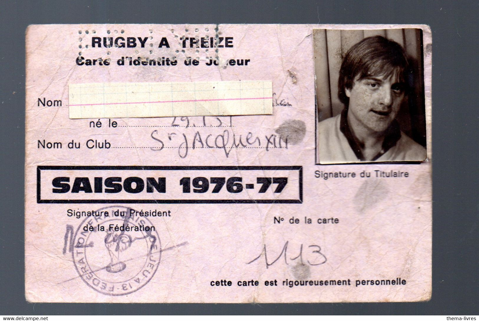 (Rugby XIII) Carte D'identité   Fédérale  1976-77  (PPP40775) - Rugby