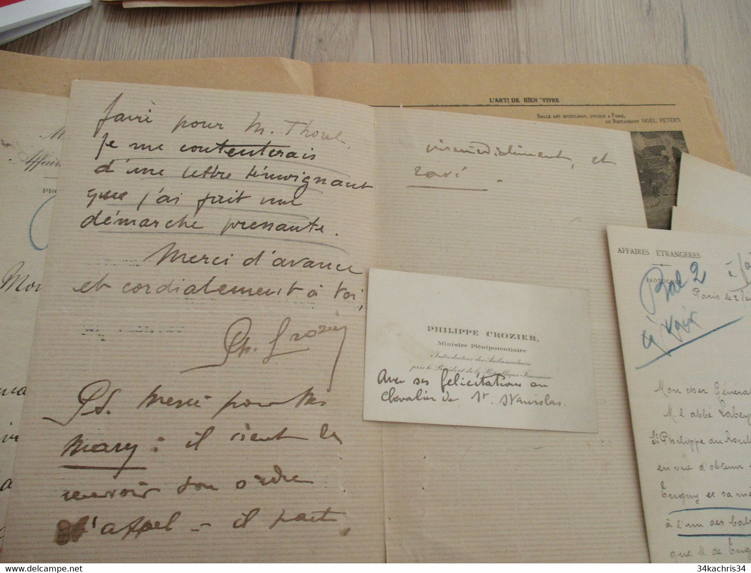 4 Pièces Signées + Carte De Visite PHILIPPE CROZIER Ministre Introducteur Des Ambassades Recommandations Demande Invitat - Other & Unclassified