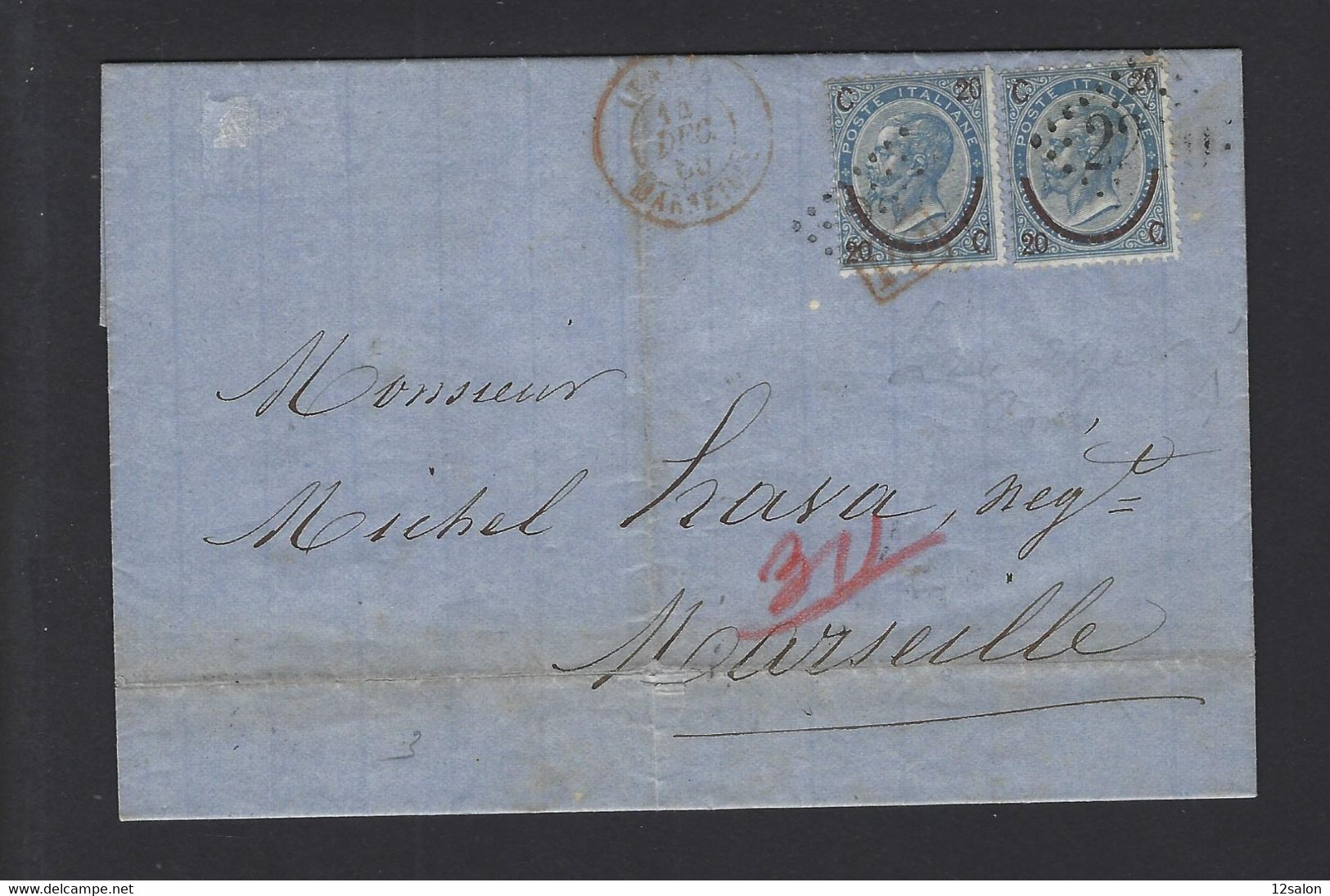 Lettre Entrée Maritime Marseille 1868 Timbre Italien Annulée Gros Chiffre 2240 - Correo Marítimo