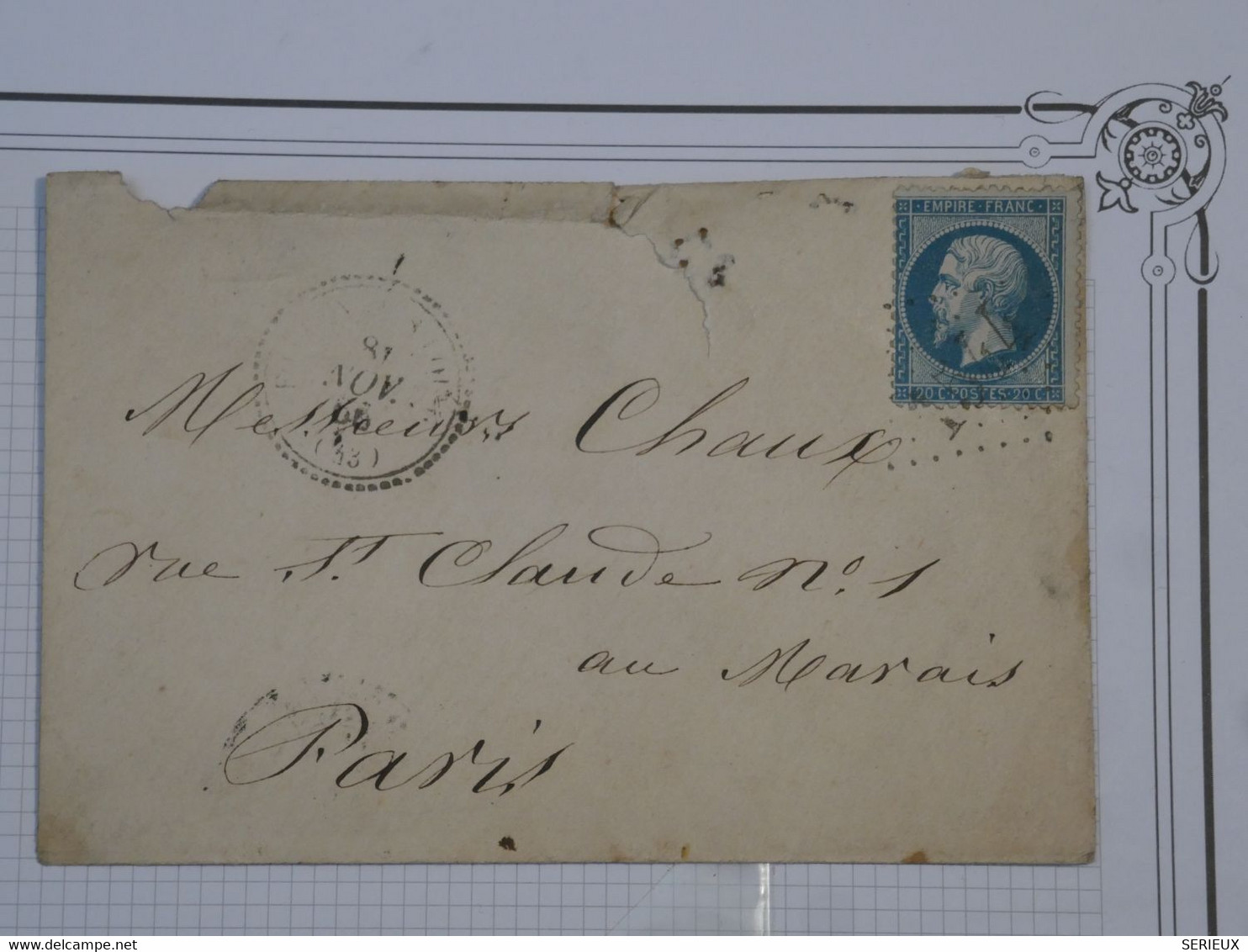 BN4 FRANCE  BELLE  LETTRE 1865 A PARIS +N°22 + C. PERLé +AFFRANCH. INTERESSANT - 1862 Napoleone III