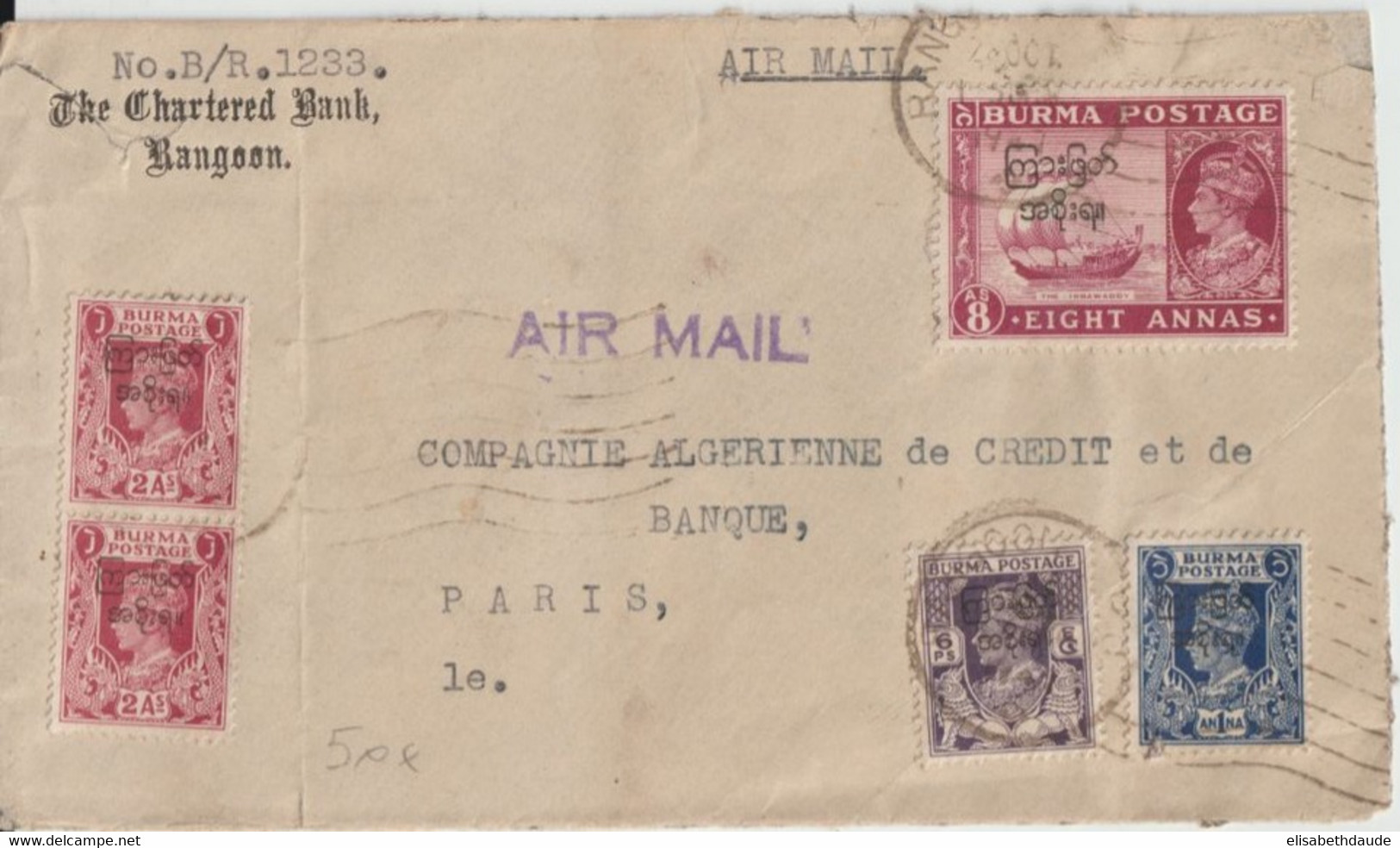 1947 - BURMA / BIRMANIE ! TIMBRES INDIA SURCHARGES Sur ENVELOPPE AIRMAIL De RANGOON => PARIS - Burma (...-1947)