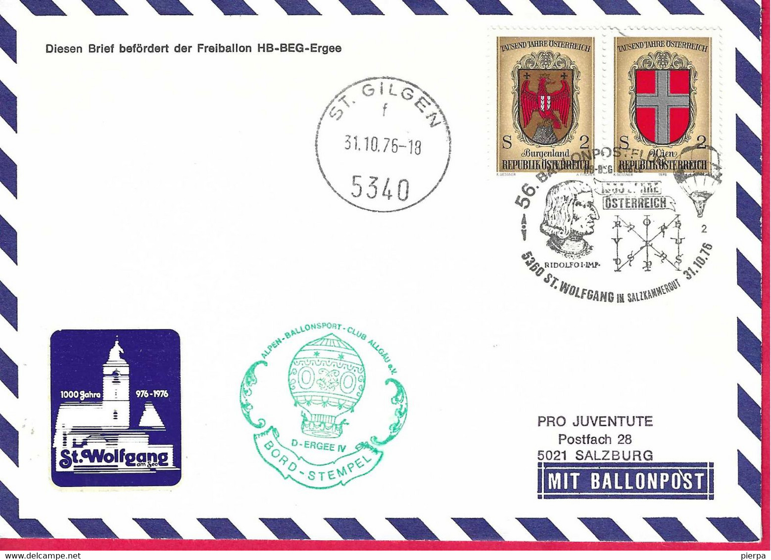 AUSTRIA - 1976 - 56. BALLONPOSTFLUG - ST. WOLFANGANG *31.10.76* TO ST. GILGEN - ON OFFICIAL ENVELOPE - Par Ballon