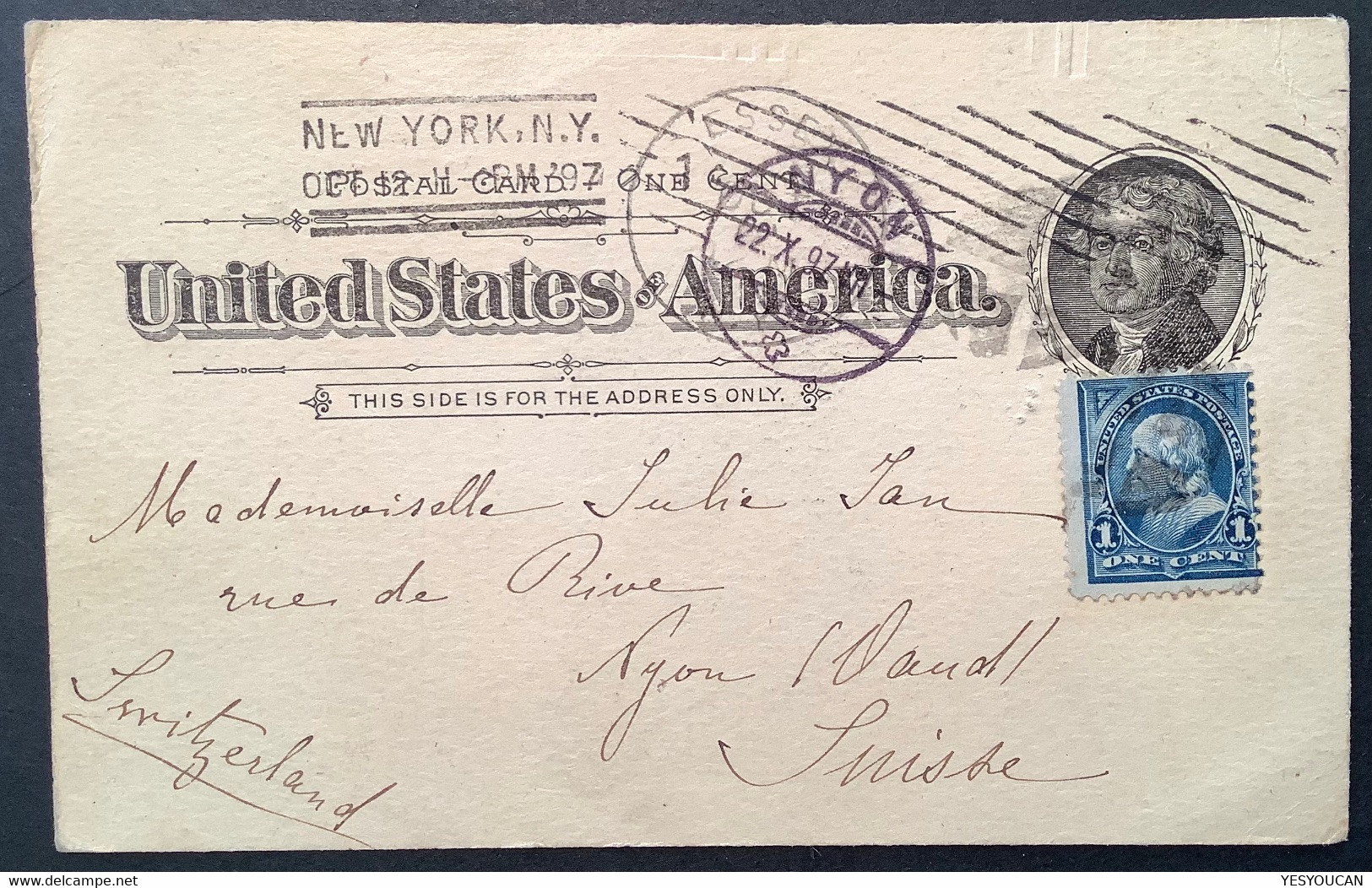 NEW YORK 1897 Machine Cancel + Killer H.s  RARE TWO PMK COMBINATION Postal Stationery+1c Sc 264>Nyon VD Schweiz (USA US - Briefe U. Dokumente