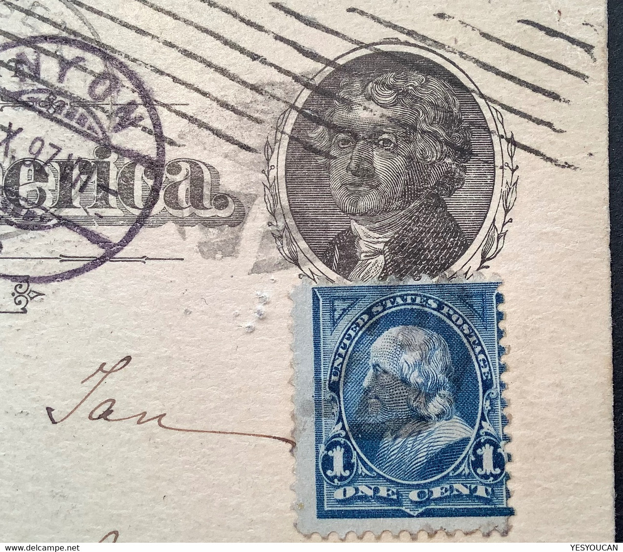 NEW YORK 1897 Machine Cancel + Killer H.s  RARE TWO PMK COMBINATION Postal Stationery+1c Sc 264>Nyon VD Schweiz (USA US - Brieven En Documenten