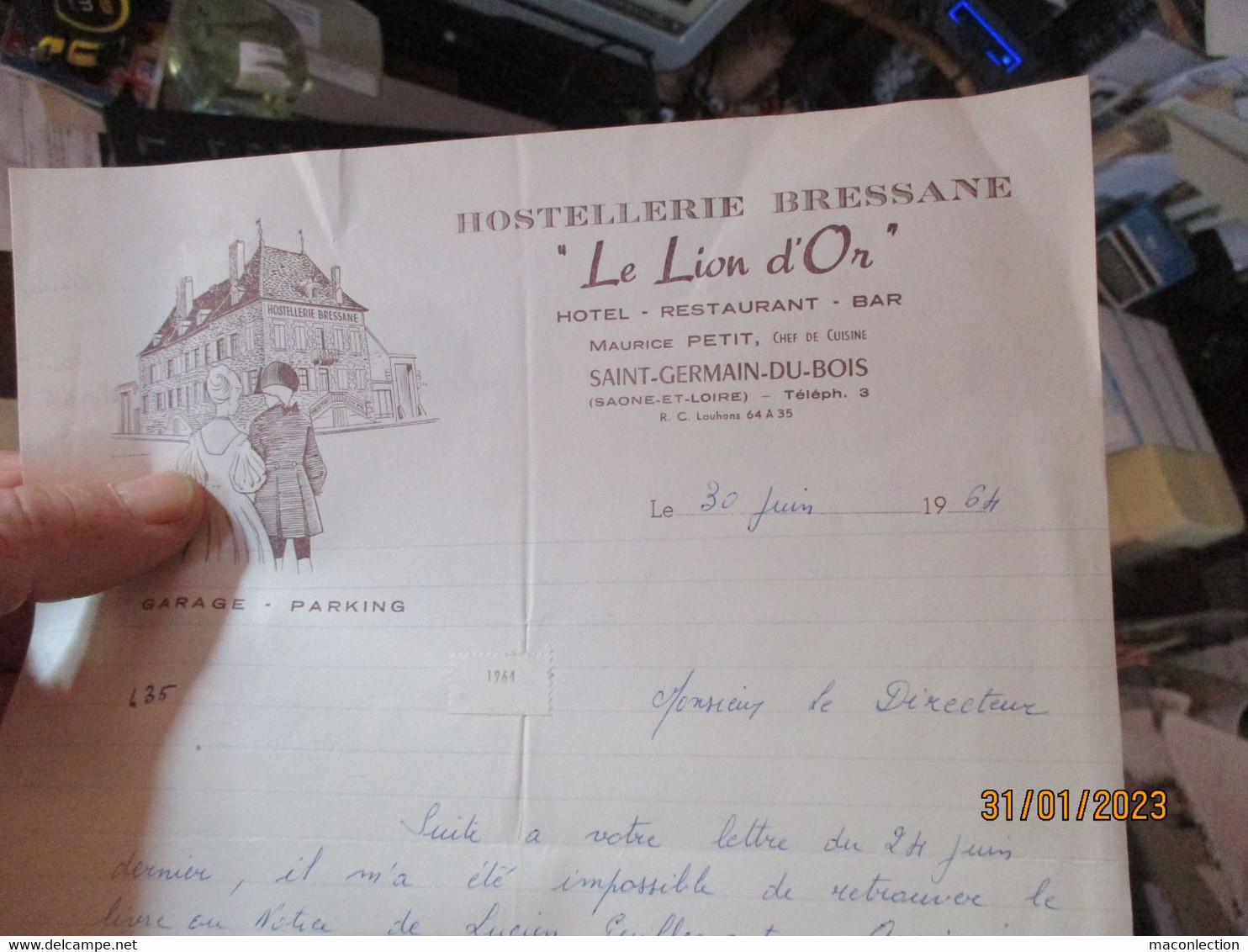 Ancien Papier A Entête De L'Hostellerie Bressane LE LIO D'OR " à Saint St Germain Du Bois 1964 - Sport En Toerisme