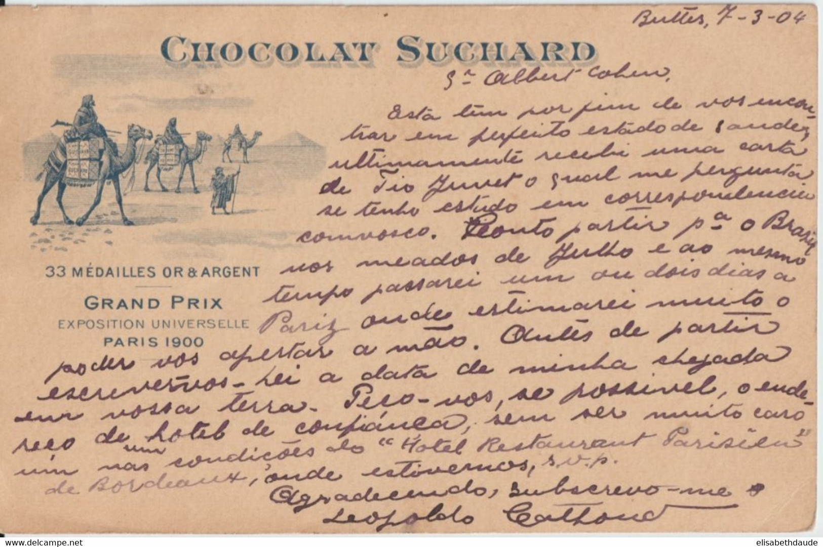 1904 - SUISSE - AMBULANT REGIONAL !! AU DOS De CP ENTIER REPIQUAGE PRIVE "CHOCOLAT SUCHARD" ! De BUTTES => PARIS - Entiers Postaux