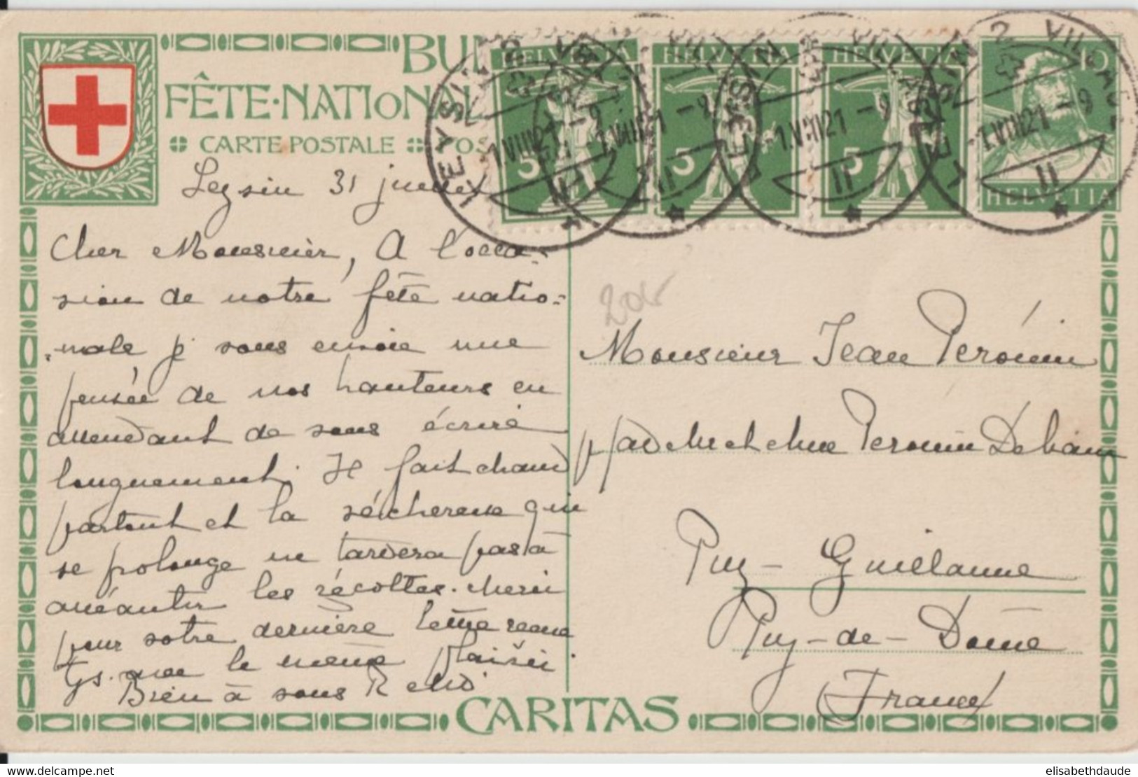 1921 - SUISSE - CROIX-ROUGE - CP ENTIER ILLUSTREE Avec COMPLEMENT ! => PUY-GUILLAUME (PUY DE DOME) - Interi Postali